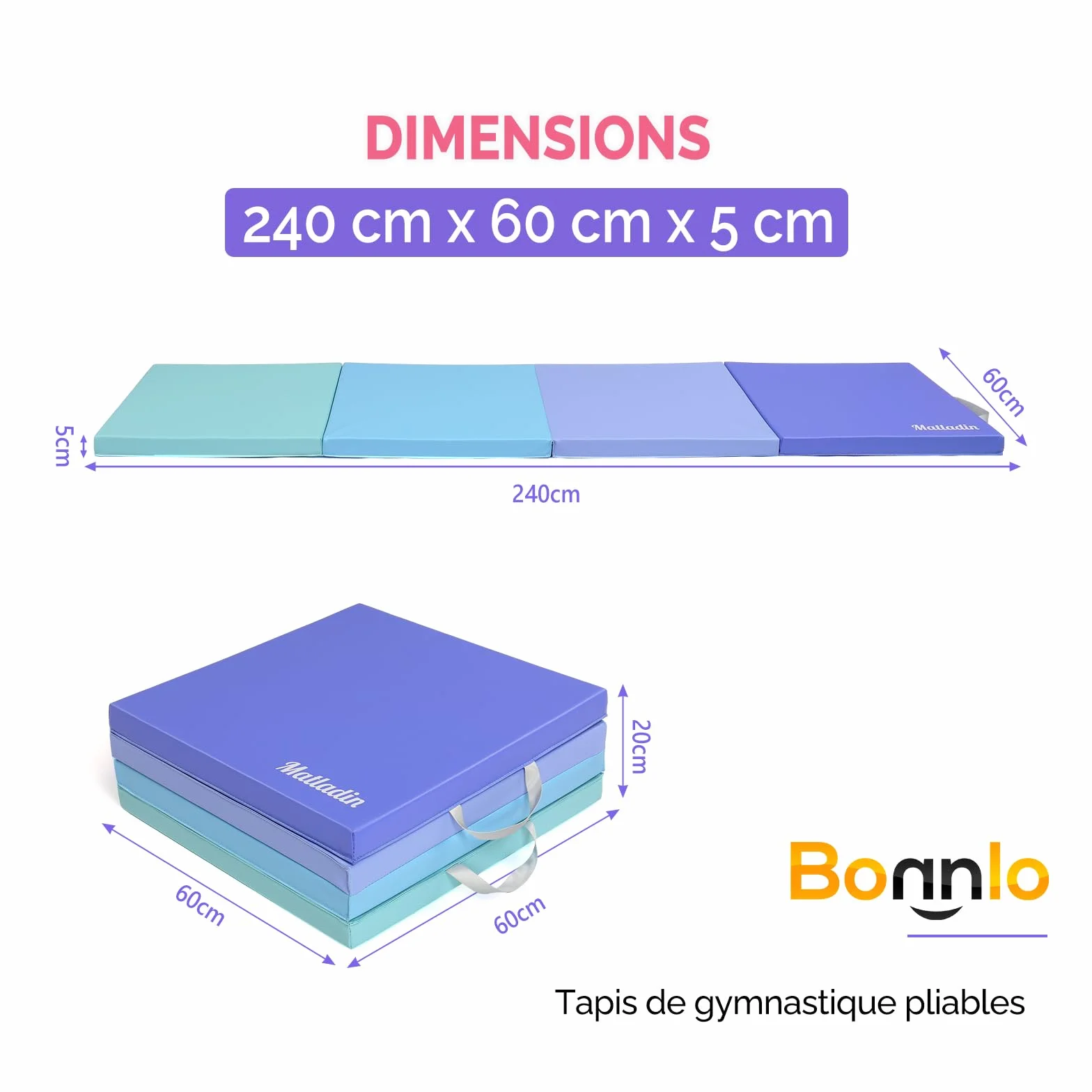 Bonnlo Tapis de Gymnastique Pliable, PU + EPE Épaissi, avec Poignée de Transport