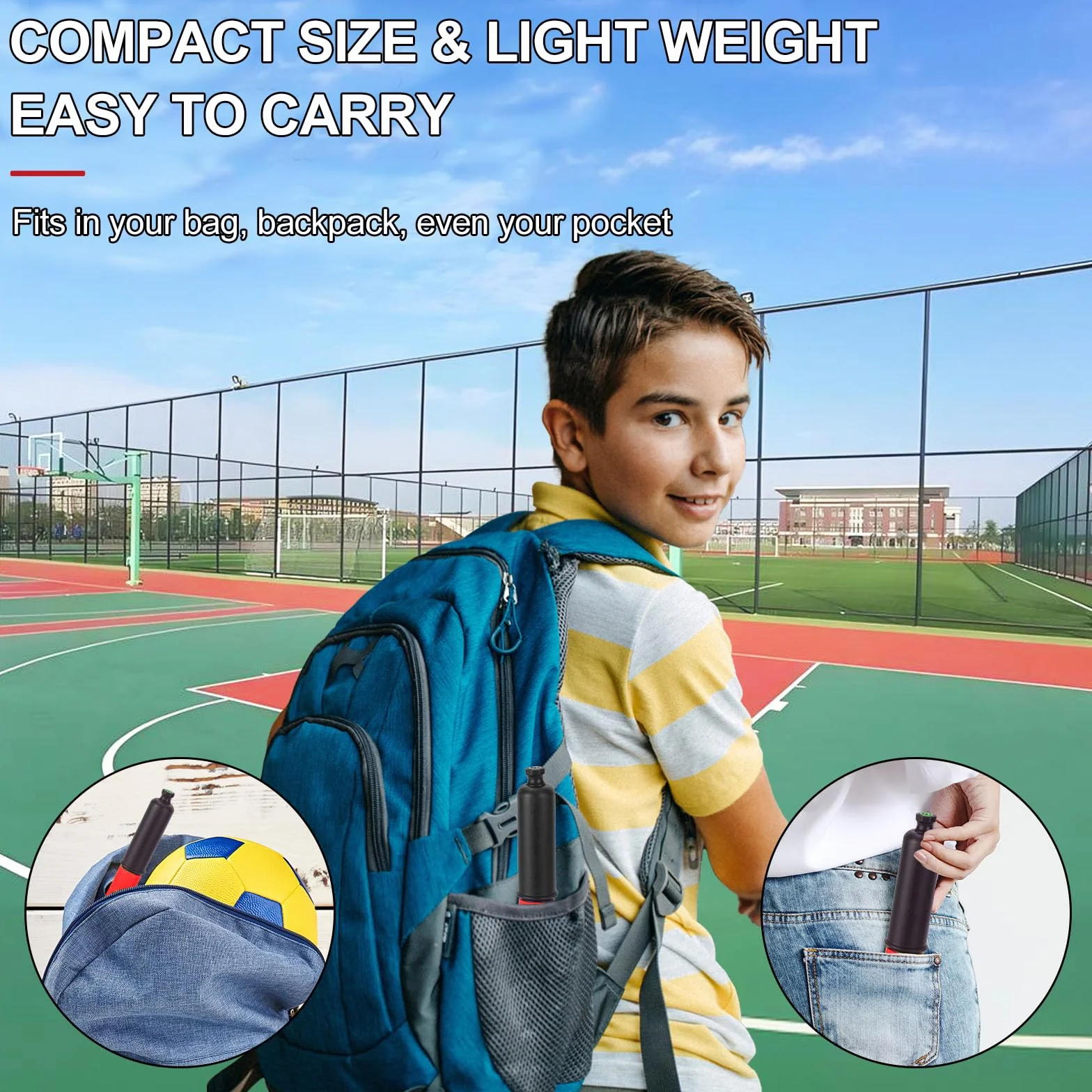 Pompe à Ballon avec Stockage d'aiguilles, 5 Aiguilles et câble Extensible, Pompe à air Manuelle pour Football, Basket-Ball, Volley-Ball