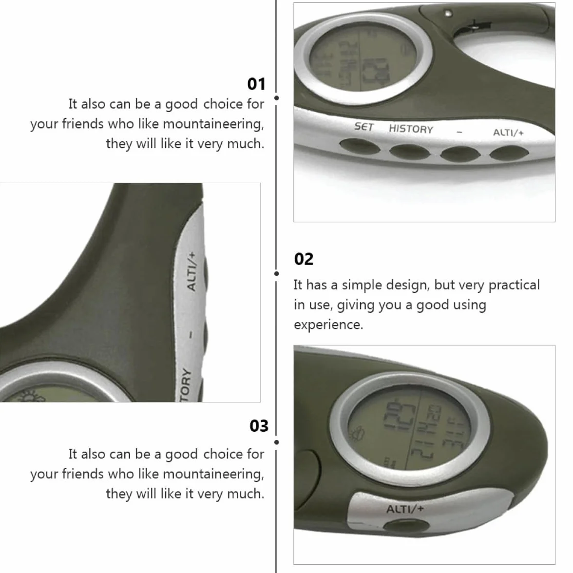 Altimètre Baromètre Thermomètre à Mousqueton Vert ABS Portable Mesure Pression Atmosphérique Altitude Randonnée