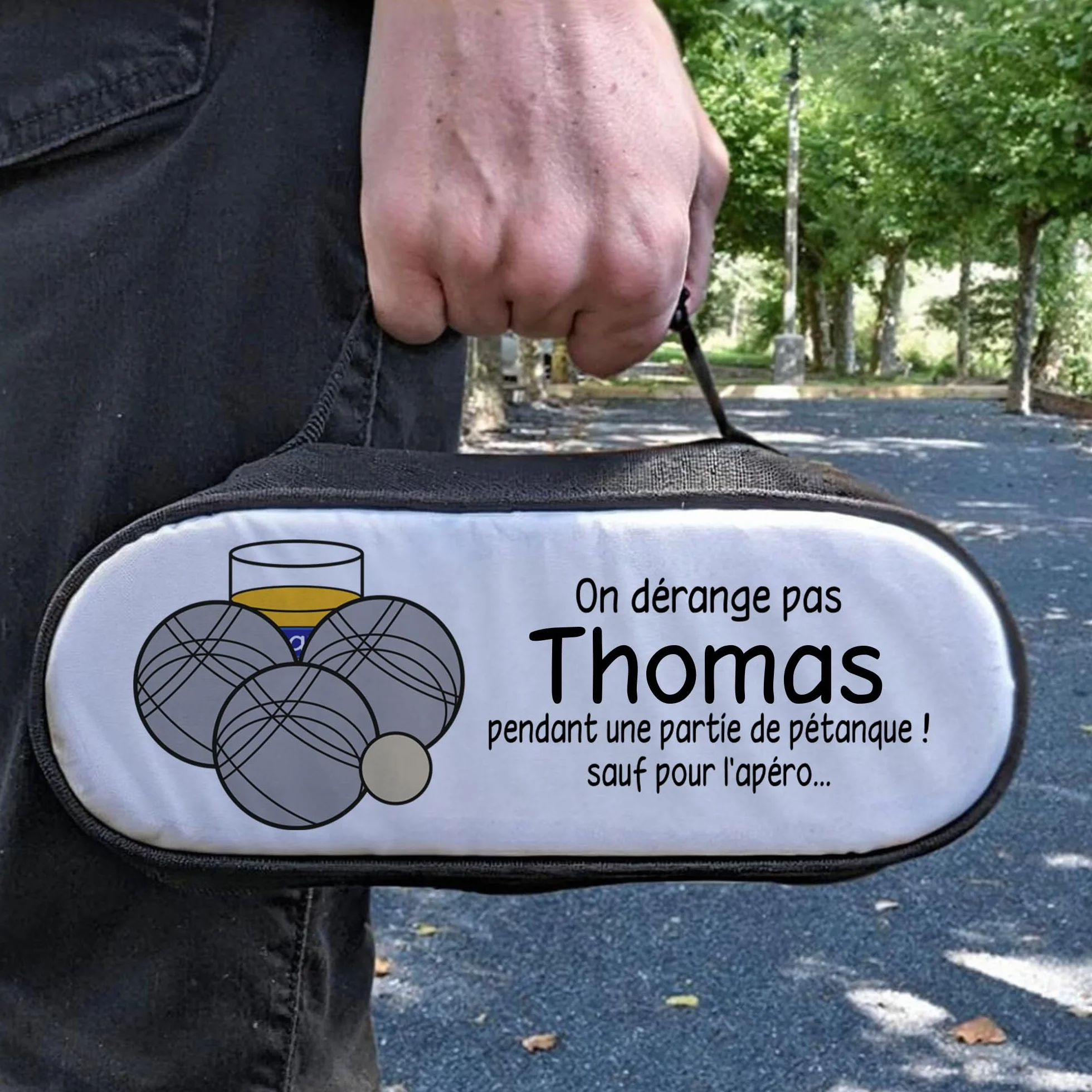 Sacoche pétanque personnalisable pour triplette 3 boules avec prénom et texte