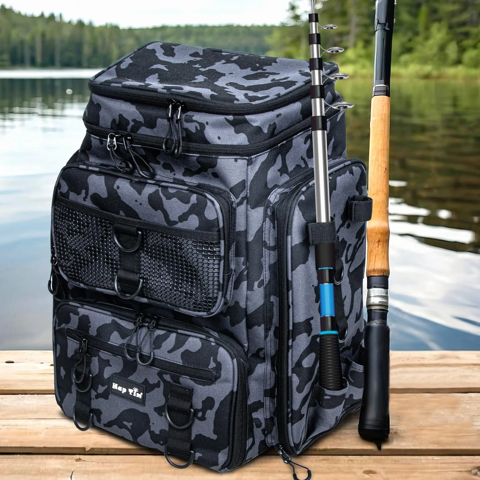 Hap Tim 42L Sac à Dos de Pêche avec 2 Barres, Sac de Pêche Multi-Poches, Séparateur Amovible