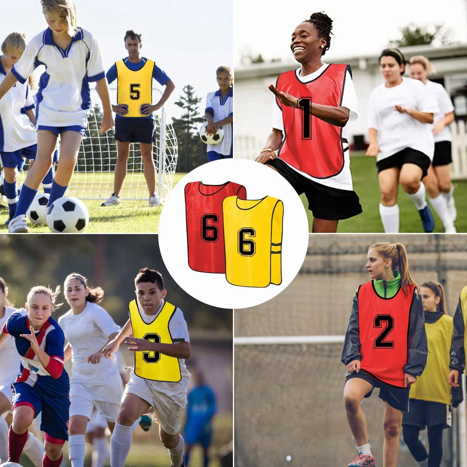 Dossards d'Entraînement Polyester Respirant pour Adultes – 24 Chasubles de Football Numérotées Réversibles Rouge & Jaune