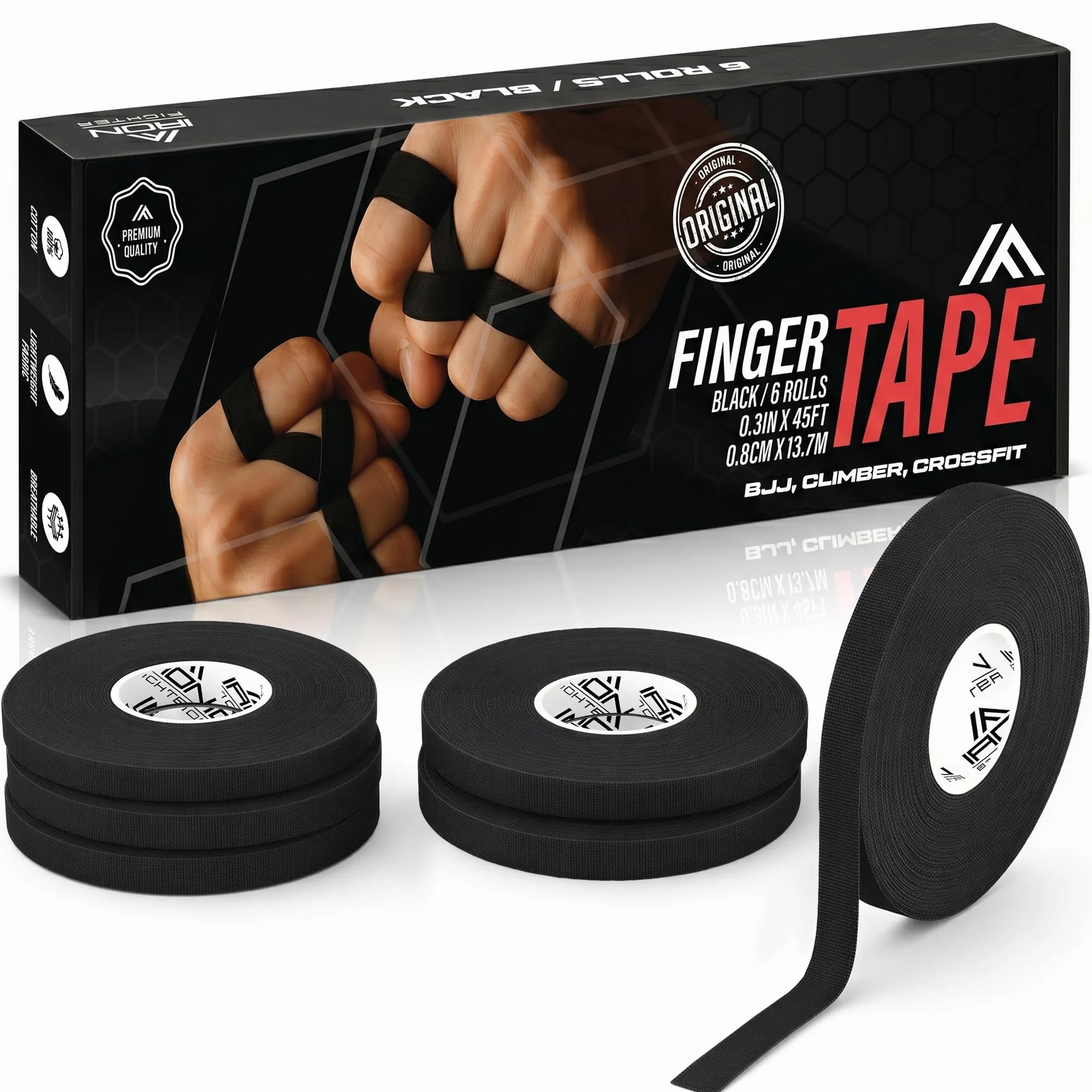 JJB Jiu Jitsu Bresilien Finger Tape 0,8cm x 13,7m (6 Rolls) Noir - Escalade Crossfit MMA Grappling