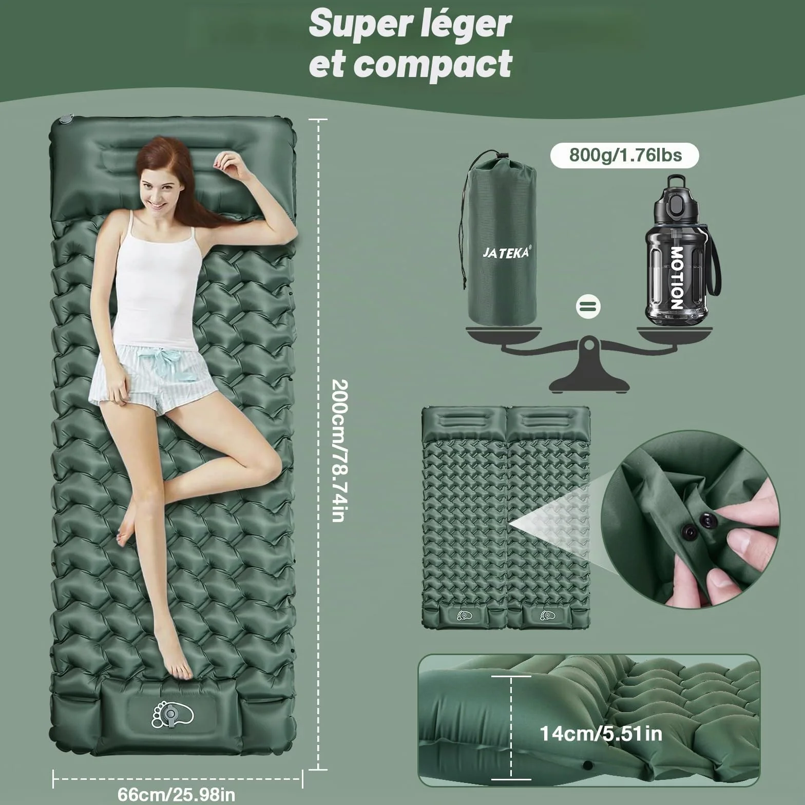 JATEKA Matelas Gonflable 1 Place Ultra Léger avec Pompe à Pied et Oreiller, Résistant à l'eau Portable Vert Militaire