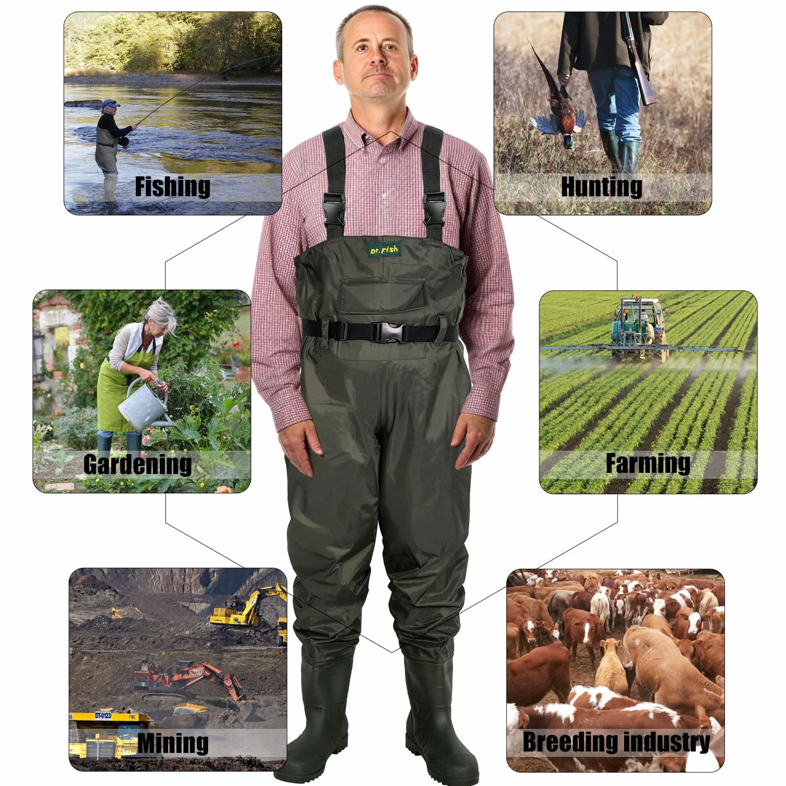 Dr.Fish Cuissarde Imperméable pour Hommes Femmes Pêche Chasse avec Poche Respirant