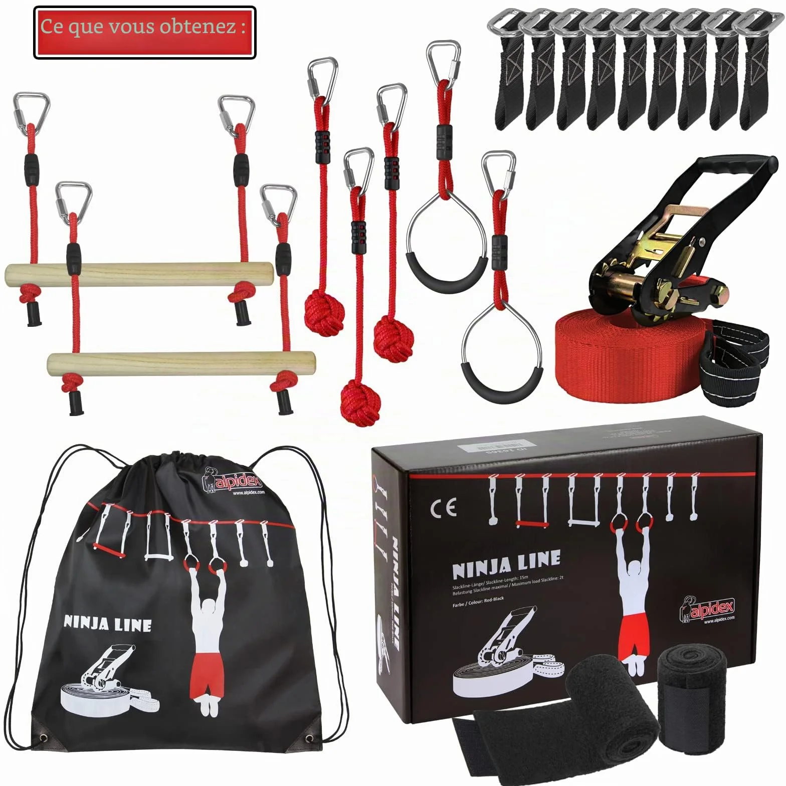 ALPIDEX Ninja Parcour Slackline Set 15 m Jeunes Adultes