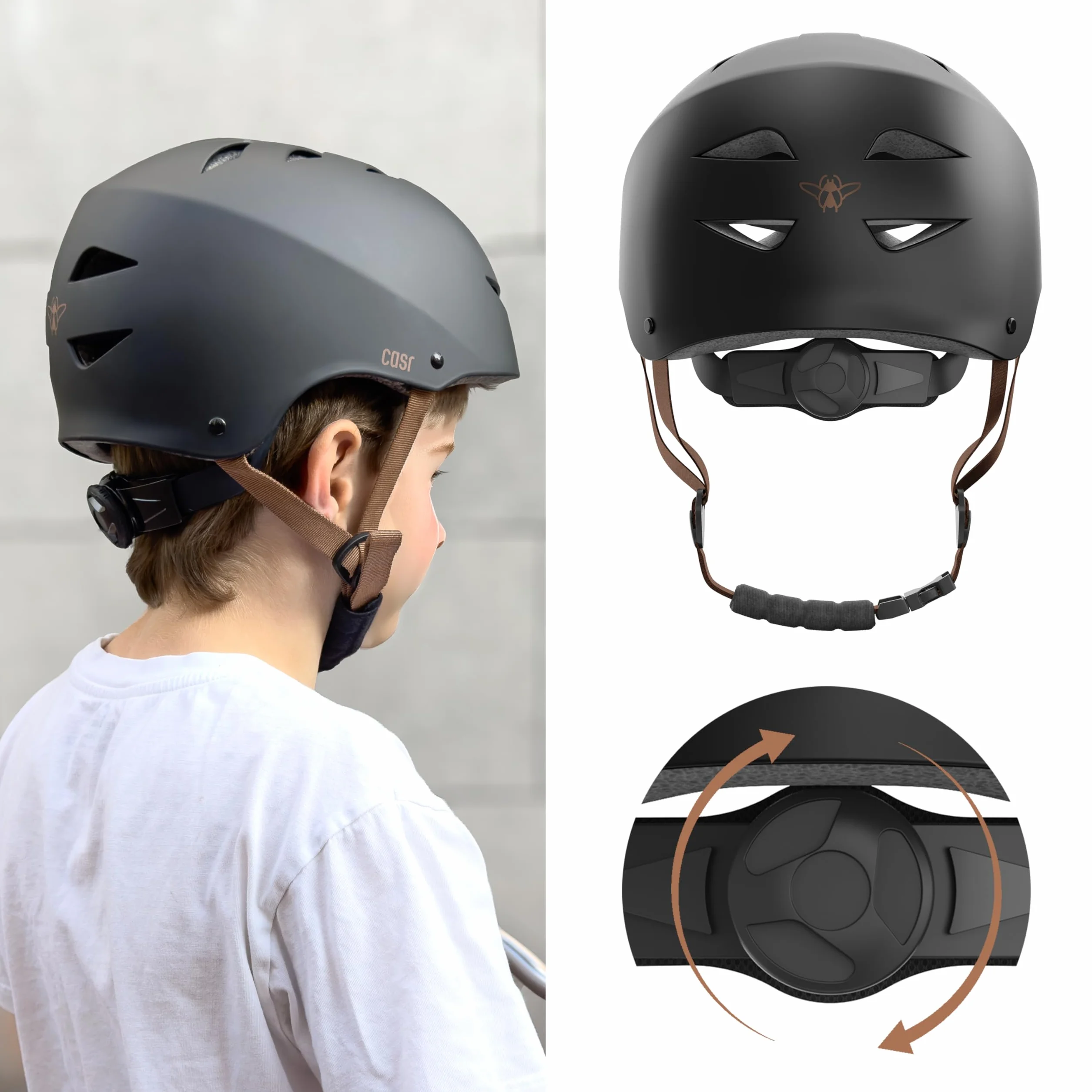 Casque Vélo Enfant CASR Classic - Léger, Taille Ajustable, Certifié EN1078, Noir Mat, Taille S