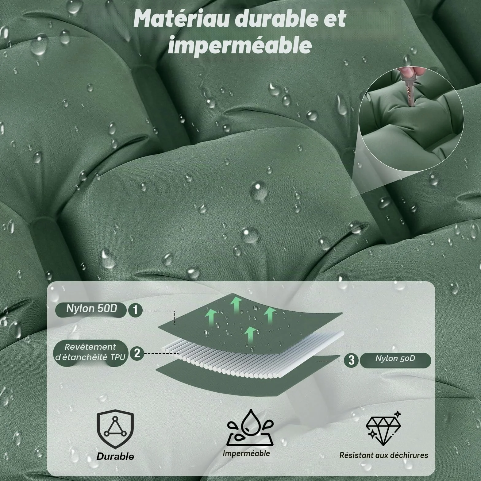JATEKA Matelas Gonflable 1 Place Ultra Léger avec Pompe à Pied et Oreiller, Résistant à l'eau Portable Vert Militaire