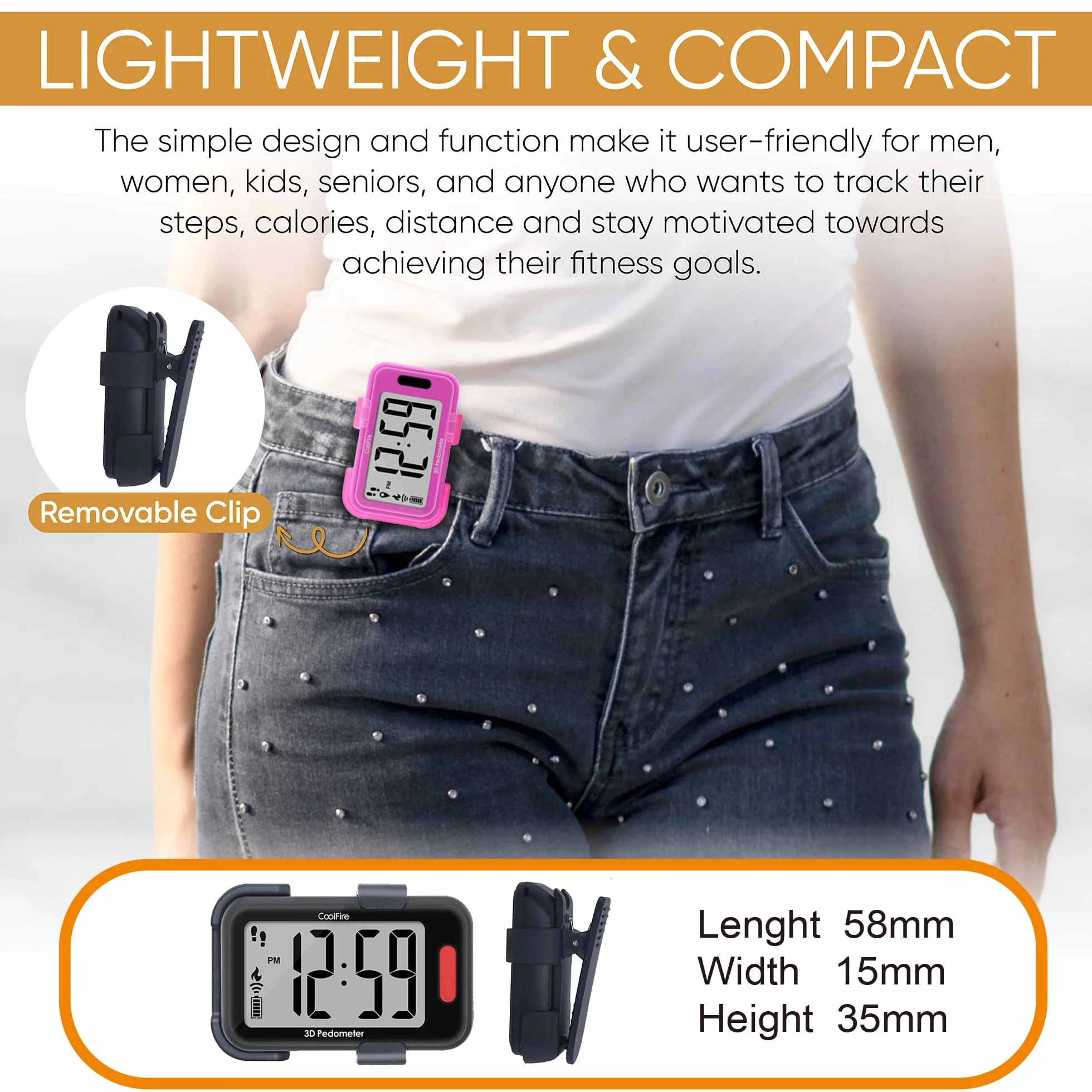 CoolFire Podomètre 3D à clipser pour la marche, kilomètres et calories