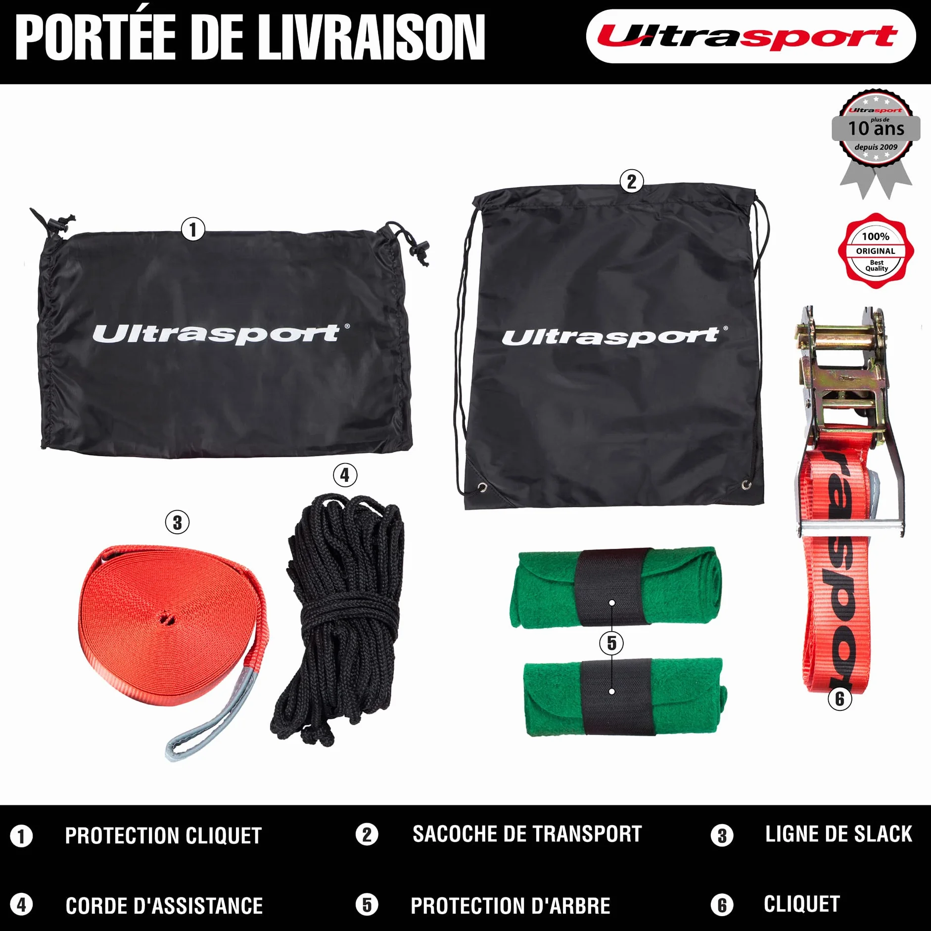 Ultrasport Slackline 15m-25m avec Cliquet et Sac Transport, Jeu Complet Certifié TÜV GS