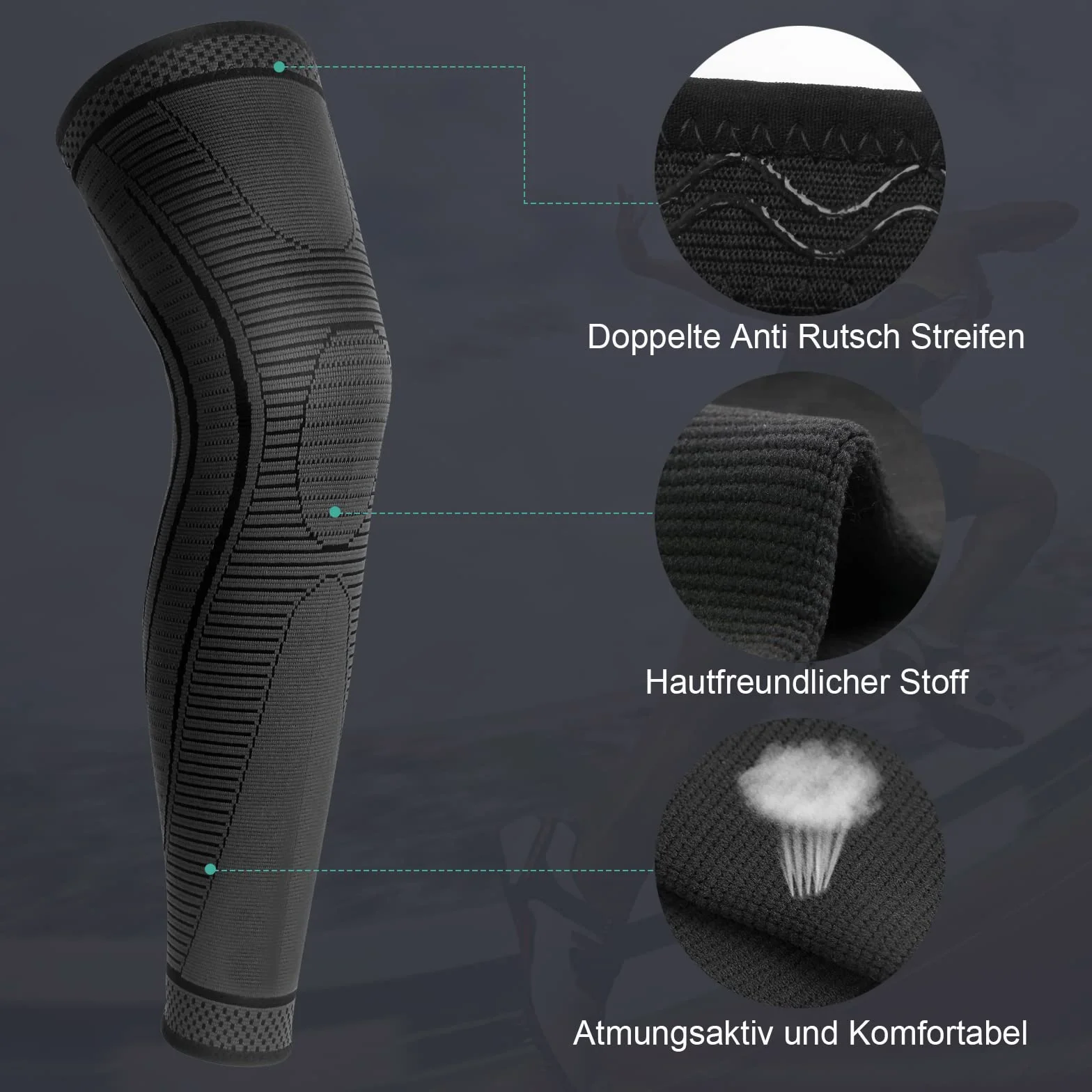 Genouillère Sport Longue Respirant Compression Hommes Femmes Gel Silice Antidérapant 1 Paire Noir S