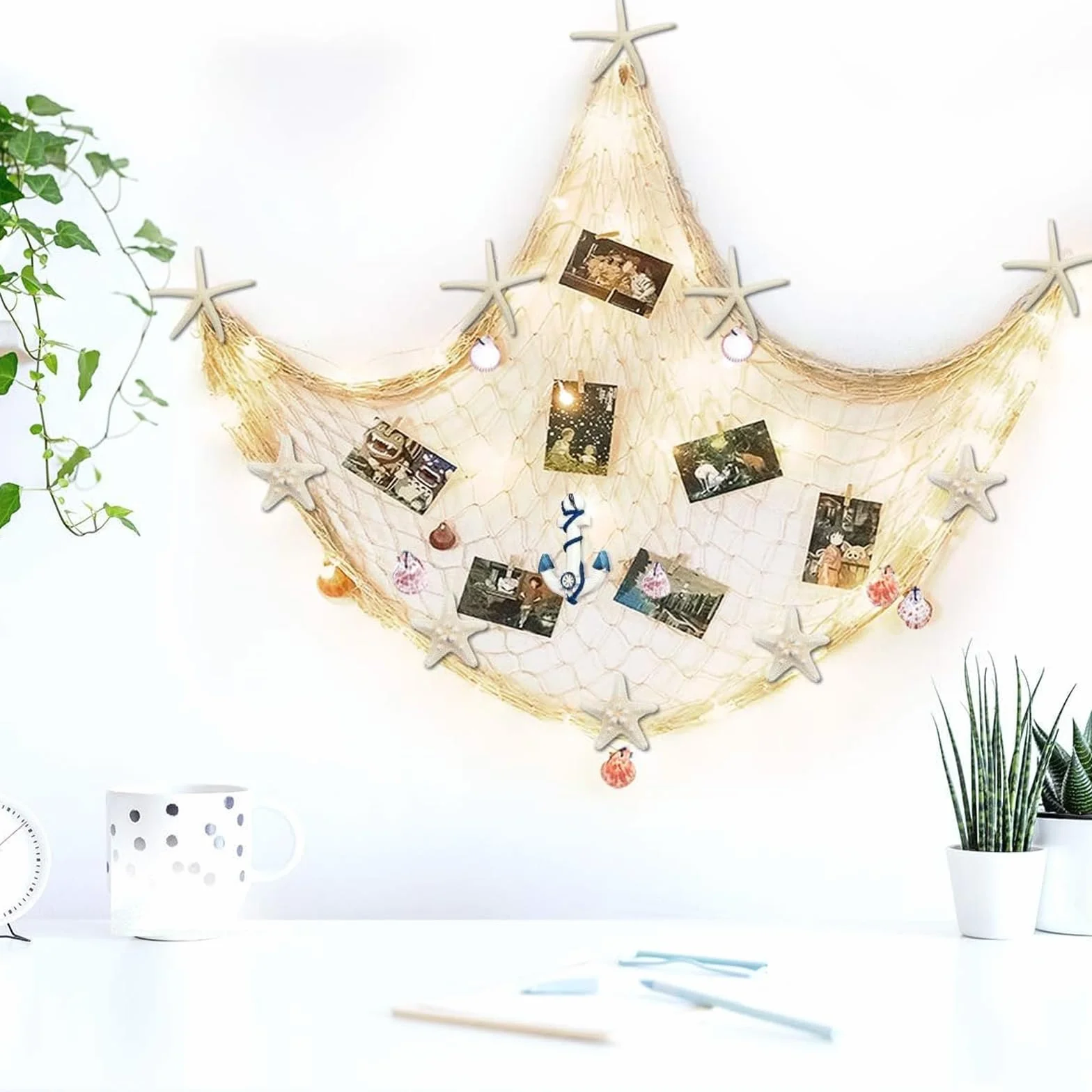 Filet de pêche décoratif 200 x 100 cm en coton naturel style méditerranéen nautique