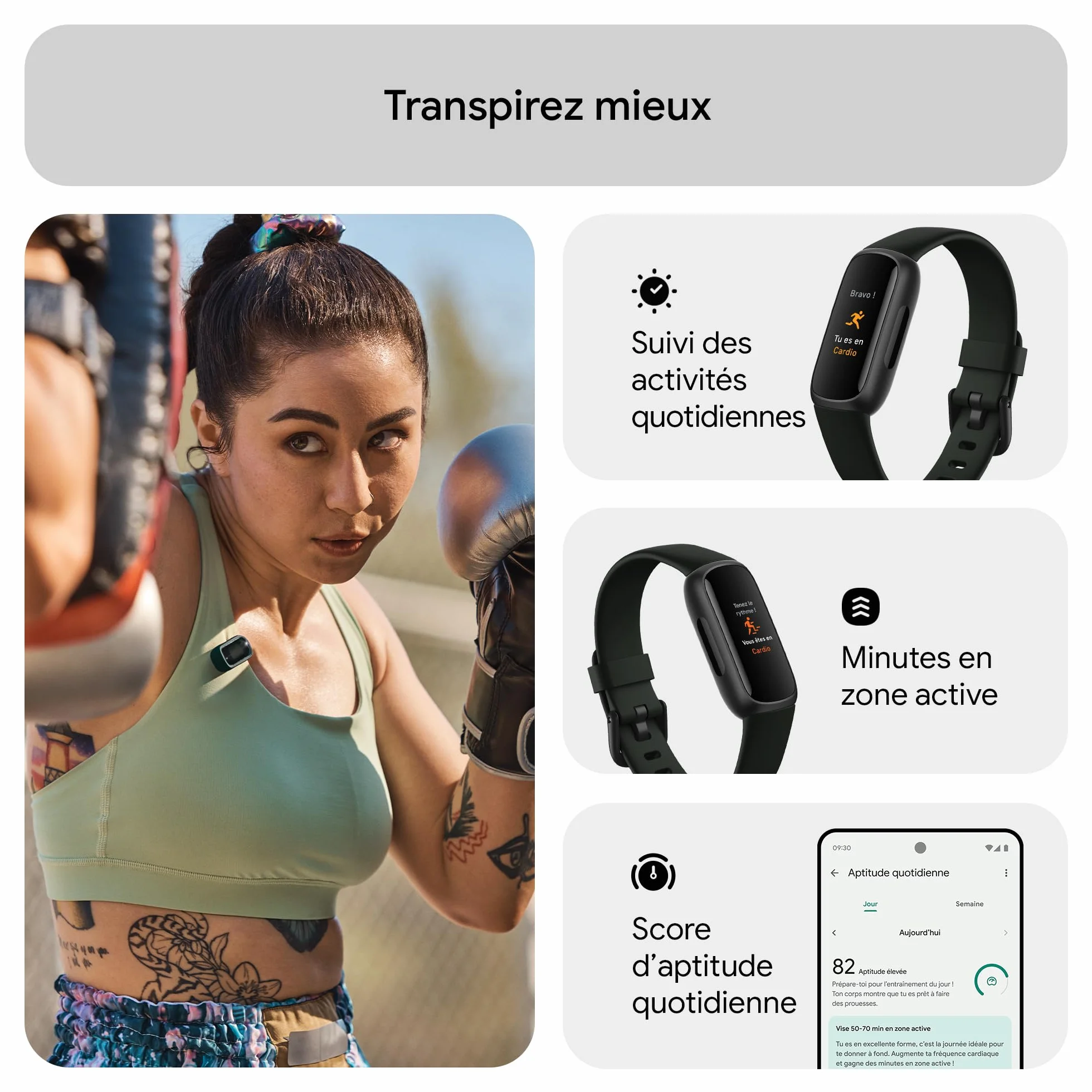 Google Fitbit Inspire 3 Bracelet d’activité sport et santé, 10 jours d’autonomie, compatible Android iOS, Parme