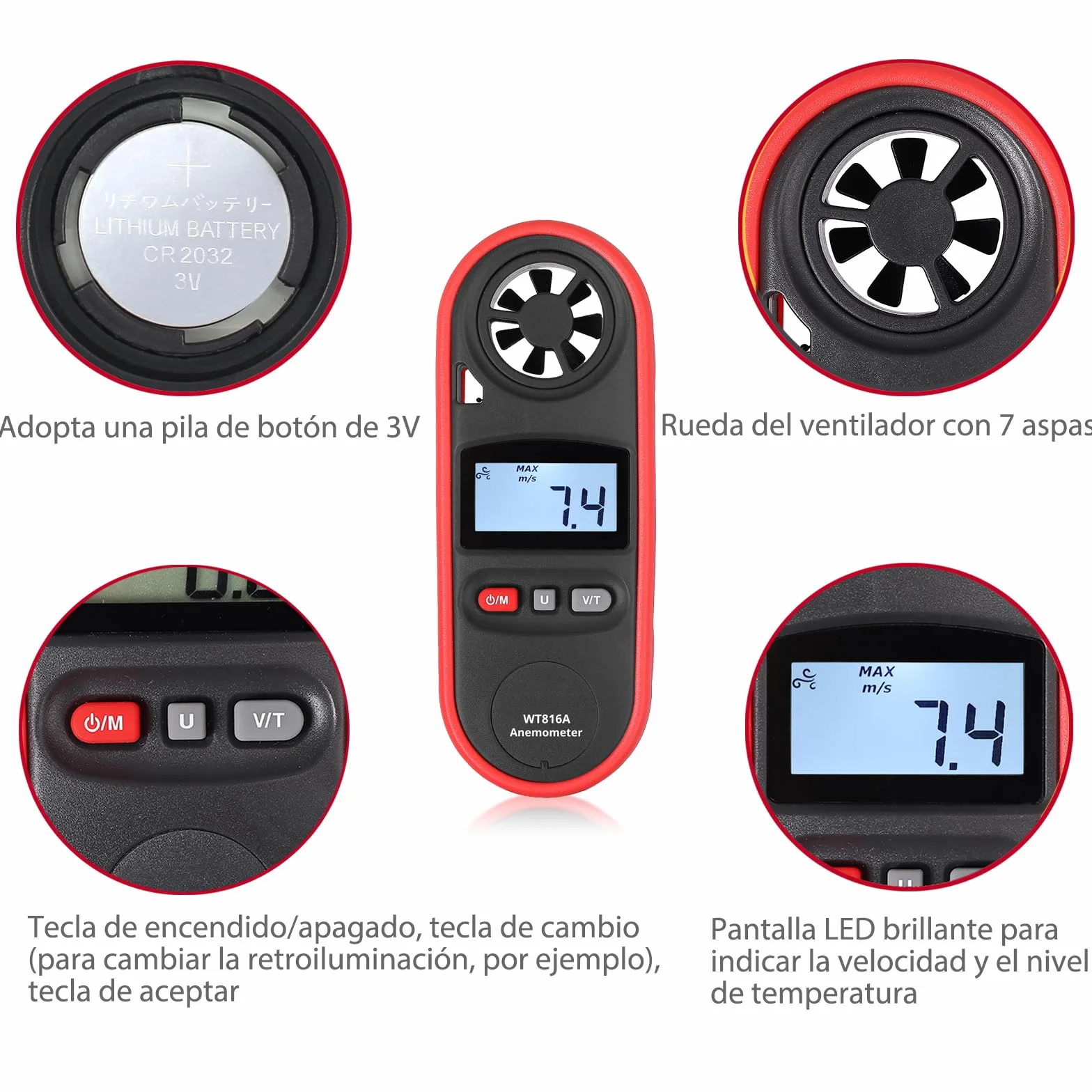 JUSTOOL Anémomètre Numérique Portable 3 Vitesses 6 Unités Écran LCD Étanche pour Sports Plein Air Météo Voile Pêche