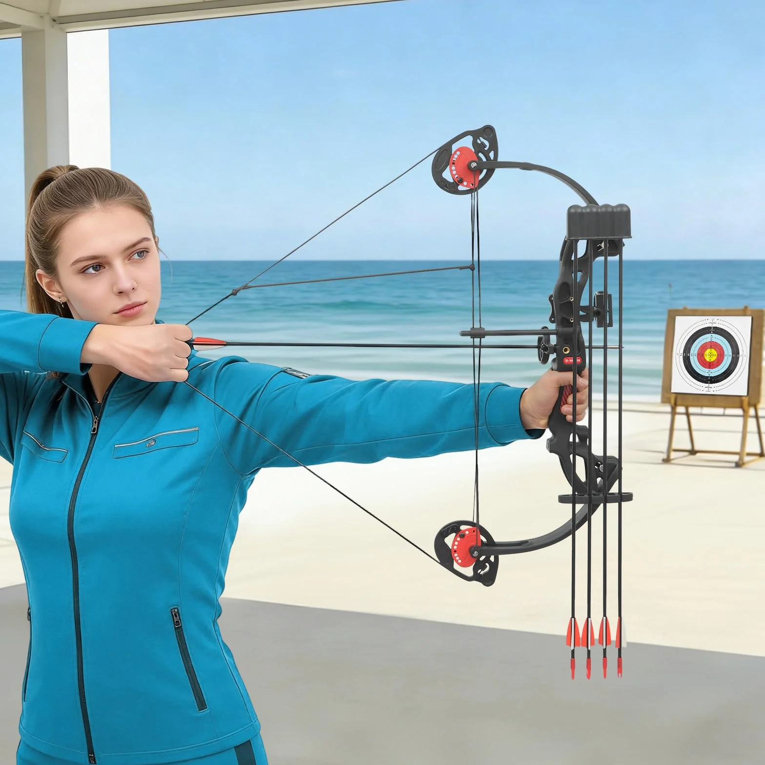 Kit d'Arc à Poulies avec 12 Flèches 16-29 LB Viseur Protège-Bras pour Tir Chasse Adulte