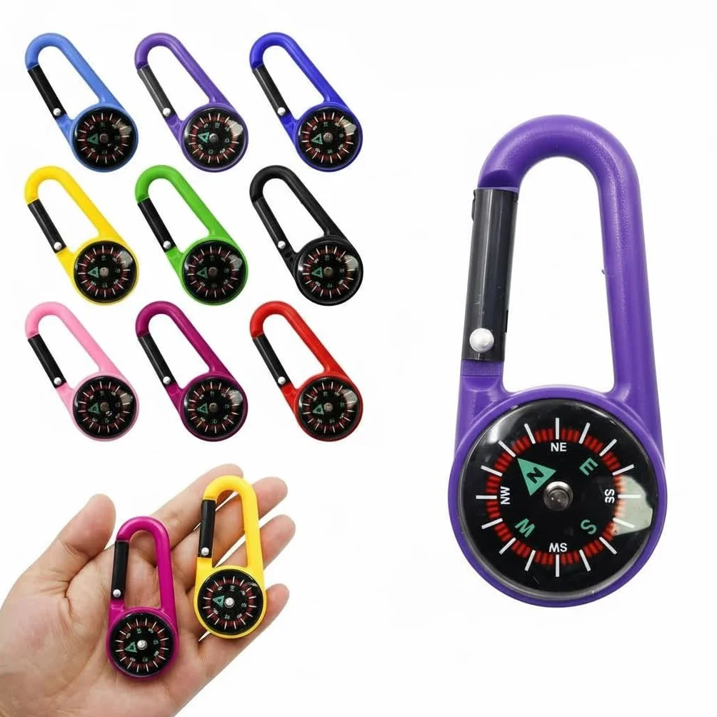 Mini Mousqueton Multifonction 10 pièces Boussole de Camping Colorée pour Enfant Randonnée Plein Air