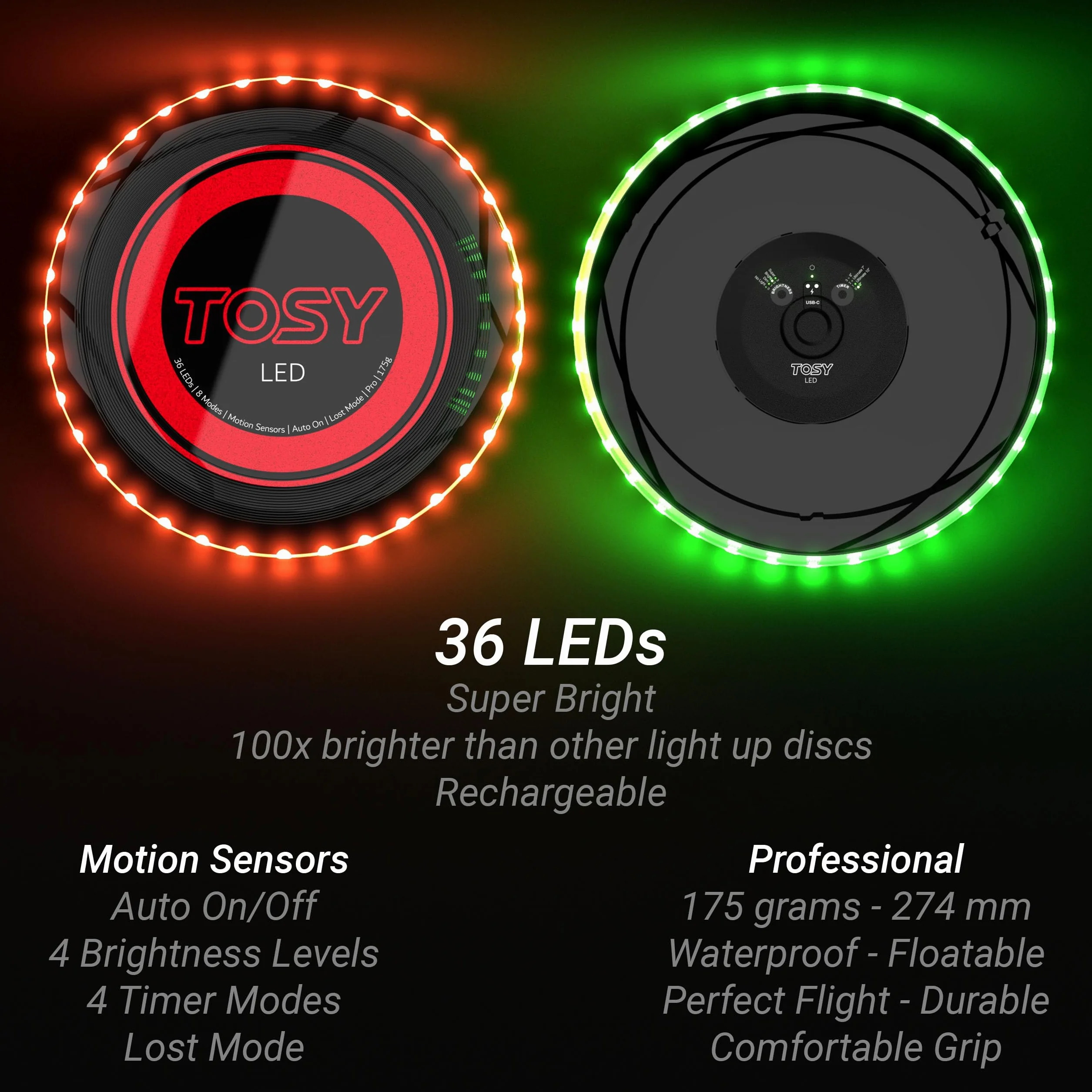 TOSY Frisbee 175g Disque Volant 36 LED Lumineux Rechargeable Auto on/Off