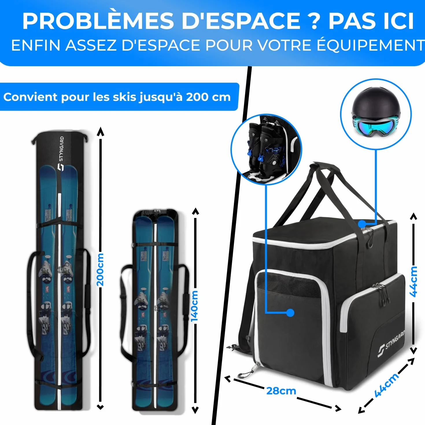 STYNGARD Set Double Sac de Ski pour 2 Paires de Skis 140-200 cm avec Sac à Chaussures de Ski et Compartiment Casque 54 L Modèle Salzburg