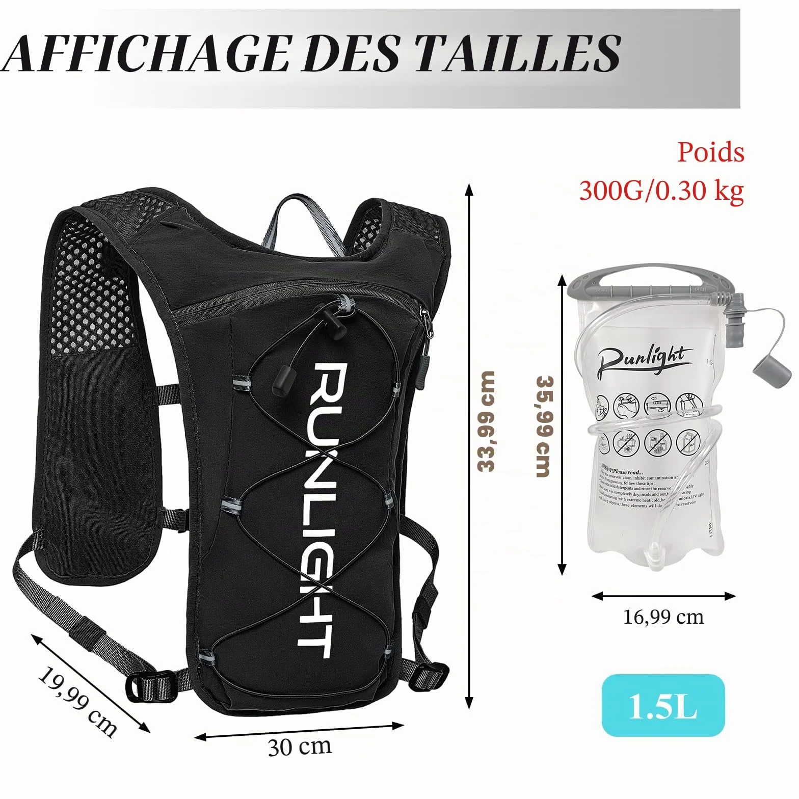 Runlight Gilet de course homme femme hydratation 1500 ml sangles réglables