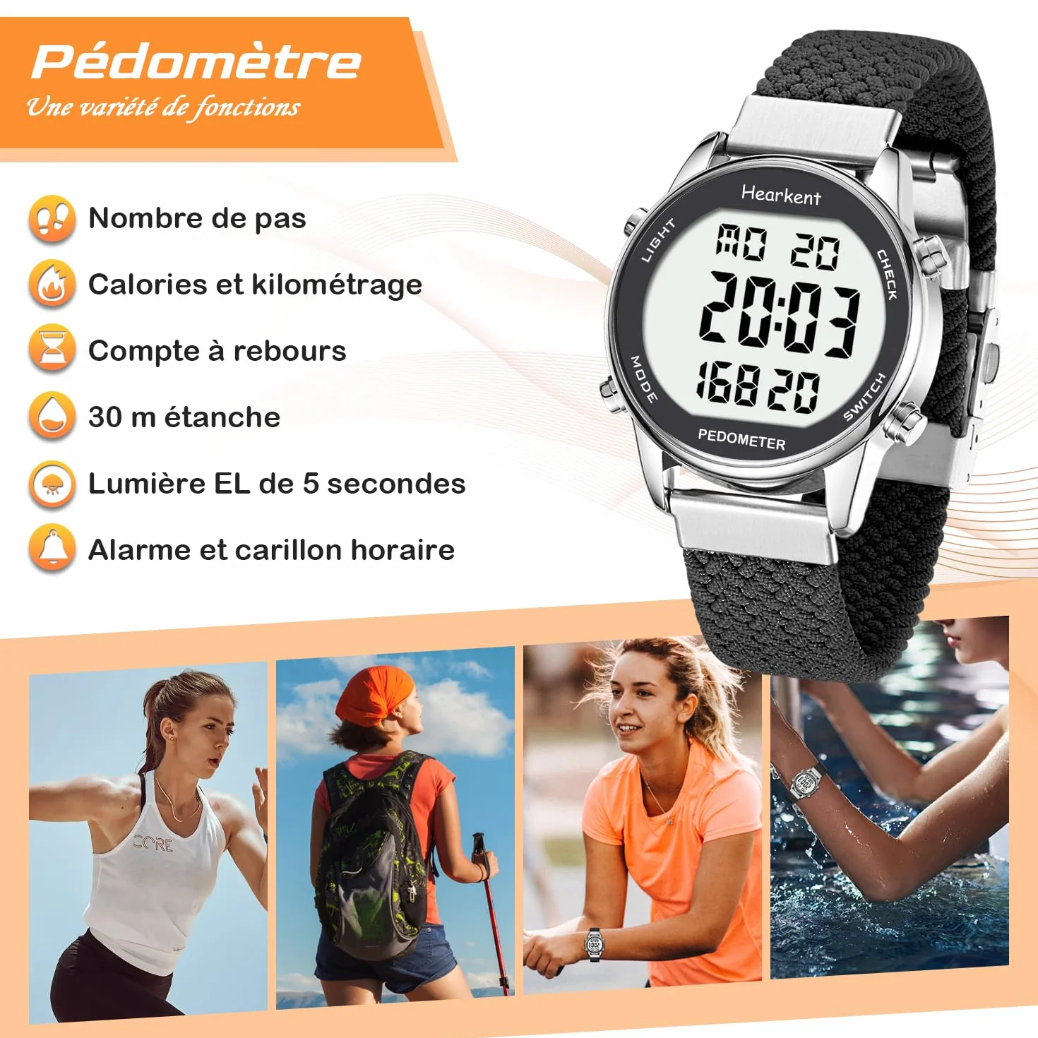 Montre podomètre Femme, Bracelet Nylon, comptage Pas Calories Distance Horloge rétroéclairage