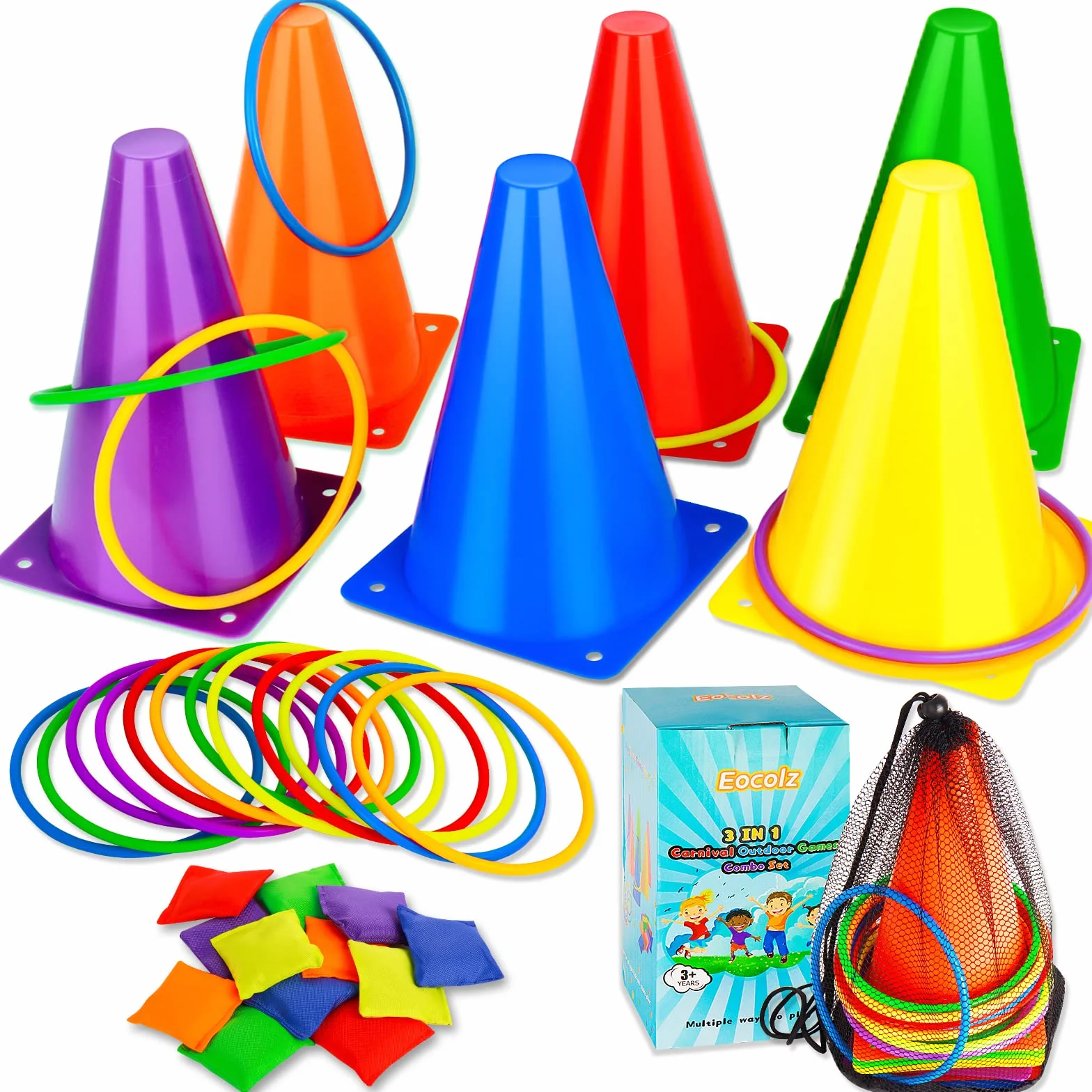 Ensemble de Jeux de Carnaval 3 en 1, Cônes en Plastique Souple, Sacs de Haricots, Jeux de Lancer d'Anneaux, Jeux de Plein Air pour Enfants