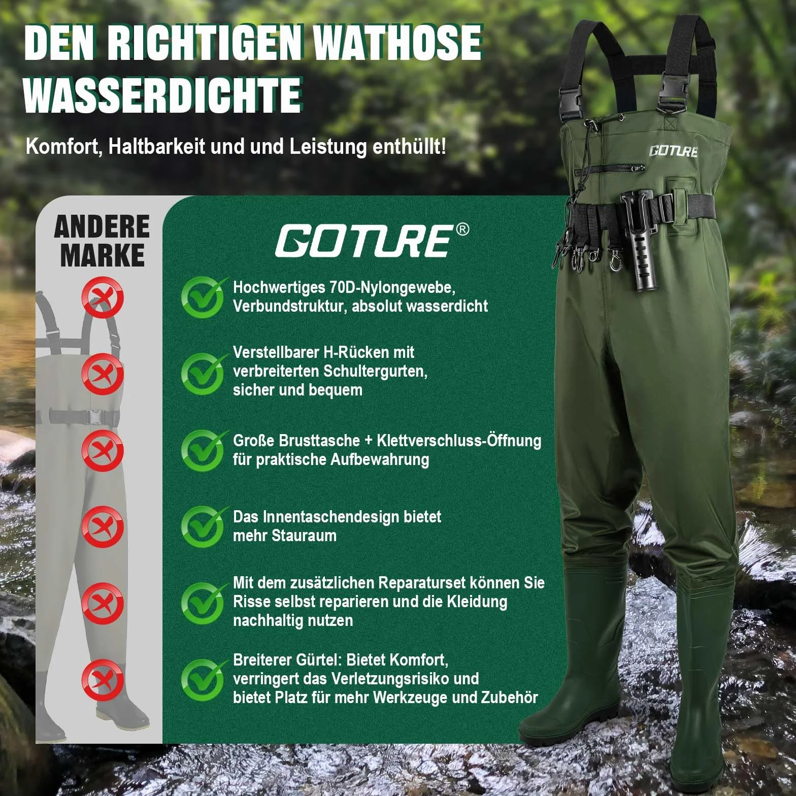 Goture Waders Pêche Homme 70D Nylon étanches avec Poche, Vert