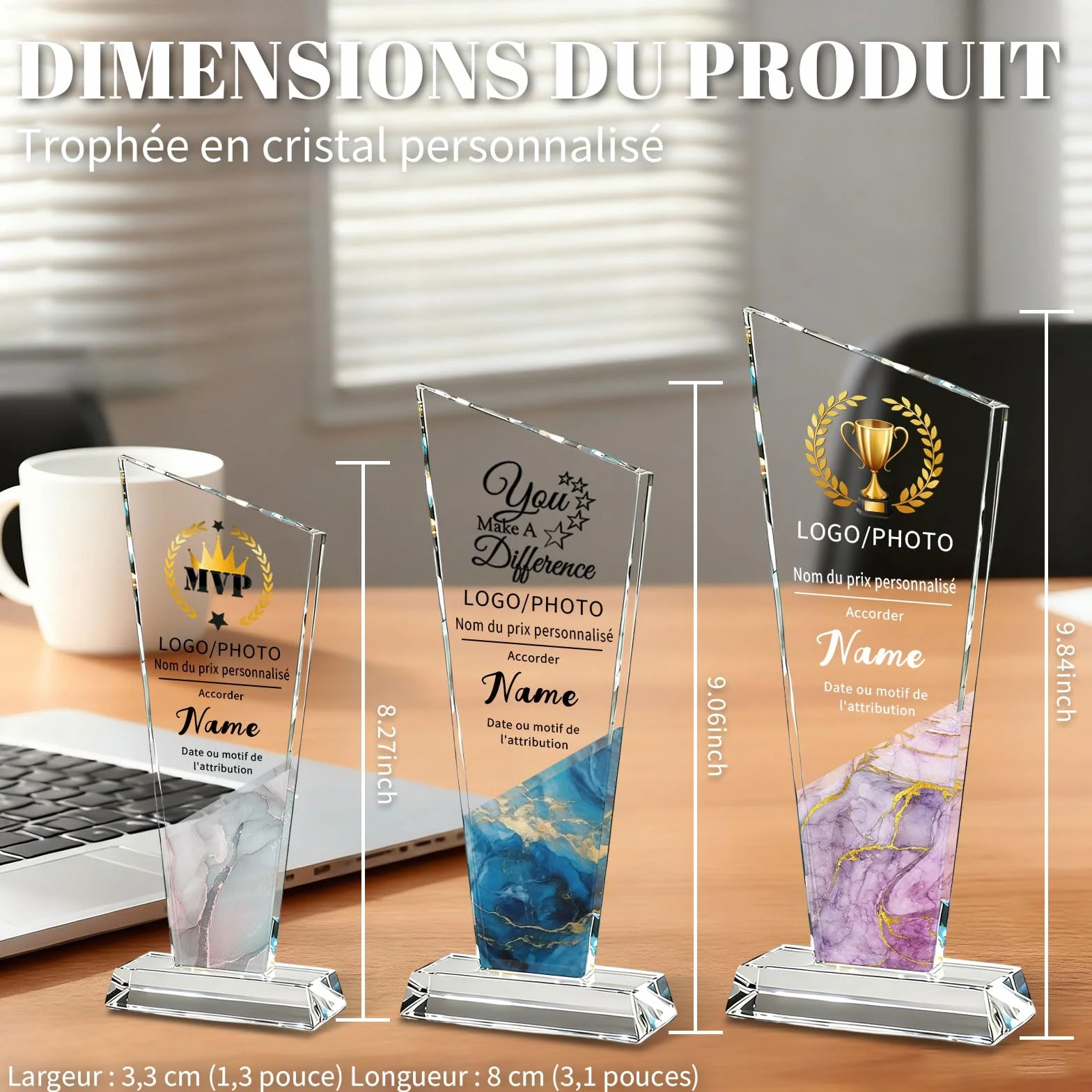Trophée Personnalisable en Cristal Gravé Logo et Texte Cadeau d'entreprise pour Récompense Employé