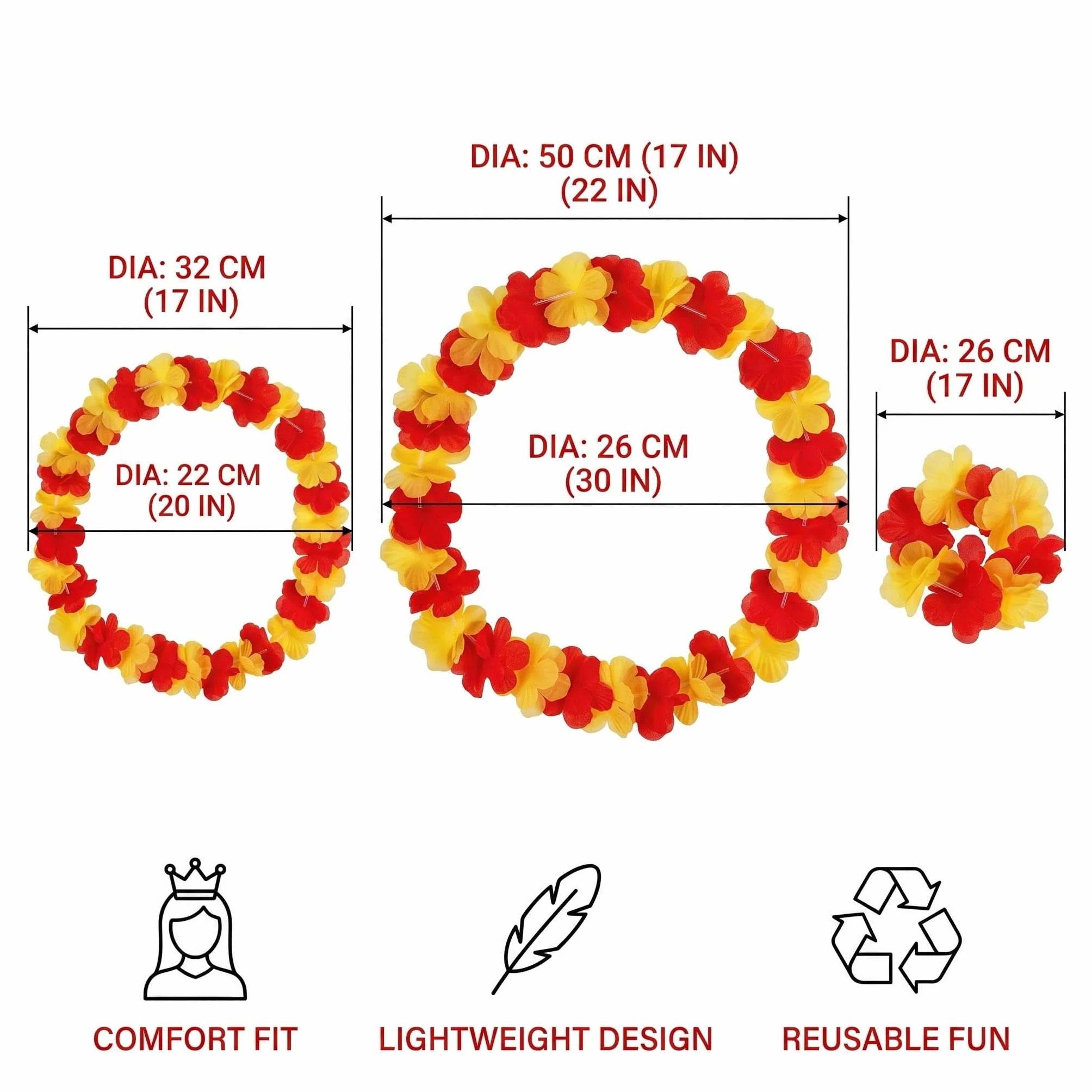 Lot de 3 Kits Supporter Football 12 Pièces, Collier Hawaien Fleurs Jaune et Rouge, Accessoire de Fête