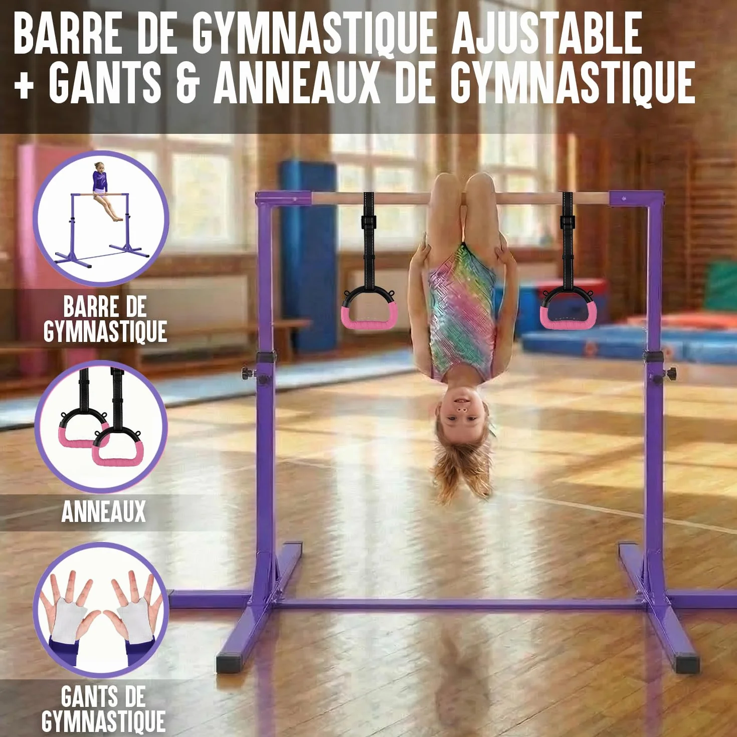 Barre Gymnastique Enfant Violette Gym Bar® 90-150 cm Acier Bois Hêtre Antidérapante Fitness Intérieur Extérieur