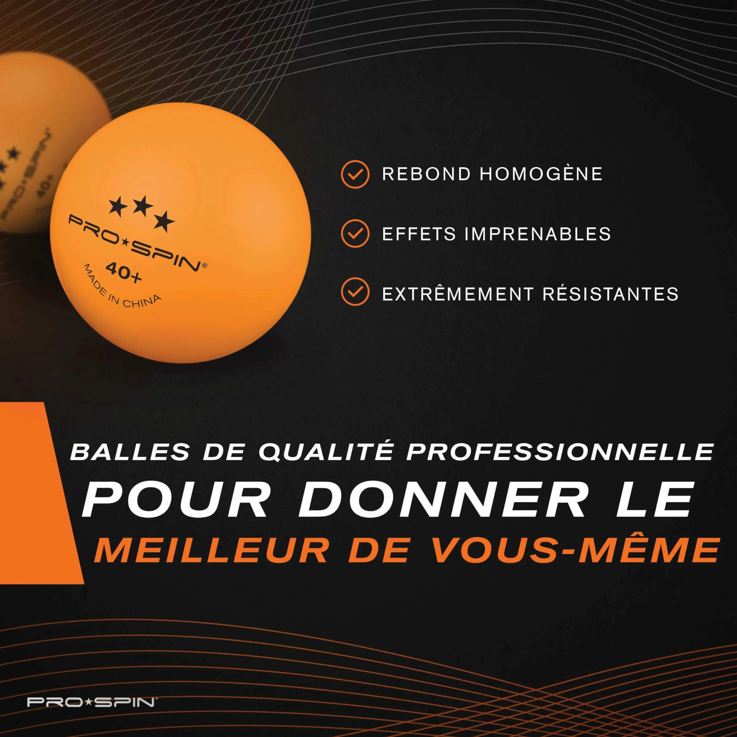 PRO-SPIN Balles de Ping-Pong 3 Étoiles Orange 40+ ABS Lot de Balles pour Tennis de Table Intérieur Extérieur