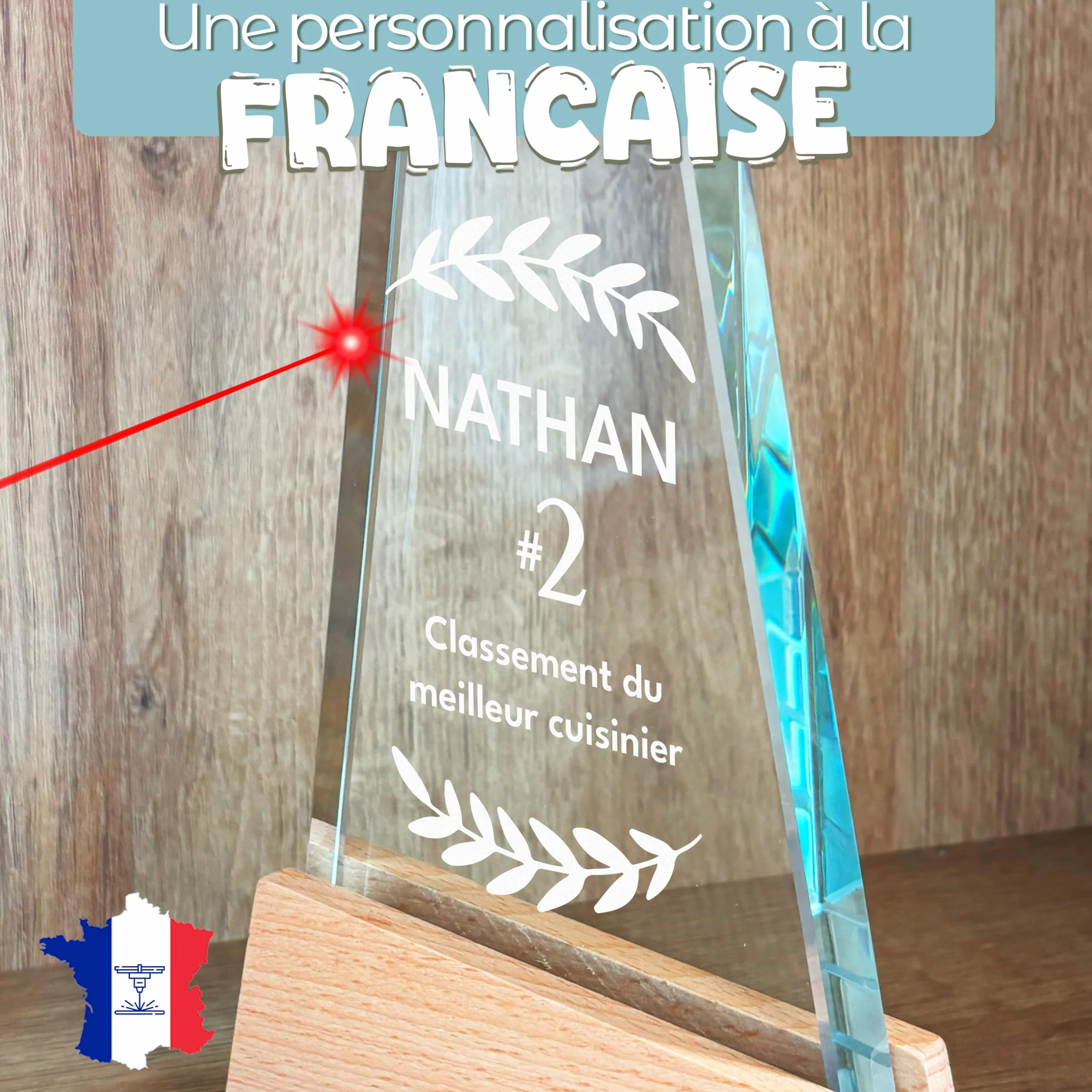 Trophée Personnalisable Base en Bois avec Verre Gravé - Coffret Cadeau