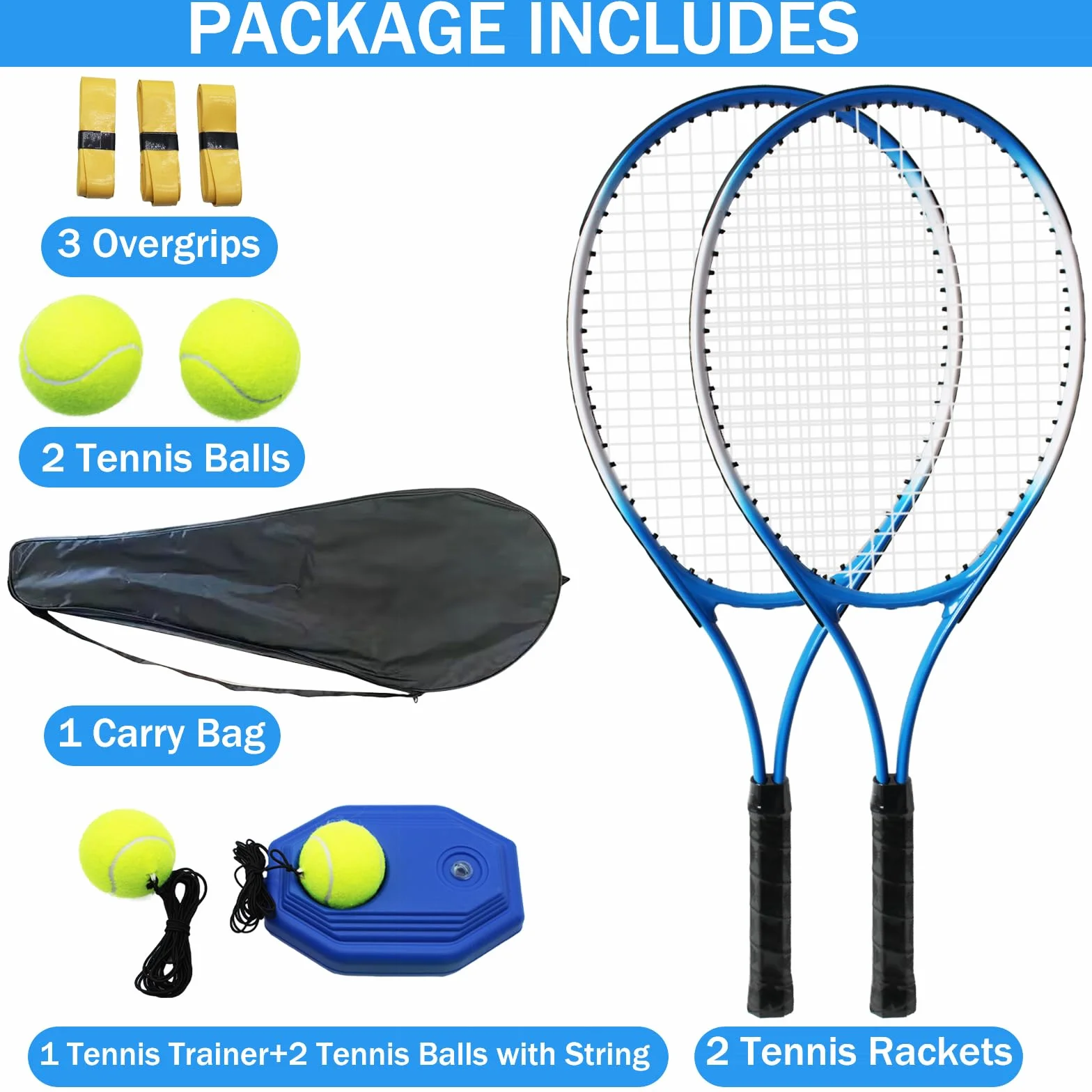 Raquettes de tennis récréatives pour adultes, 2 joueurs avec 4 balles, 3 surpoignées, 1 sac