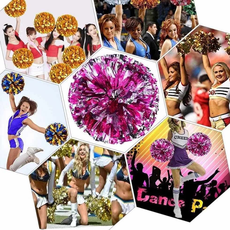 Lot de 2 Pompons Pom-pom Girl Métallisée avec Poignées pour Compétition Sportive, Danse, Cheers