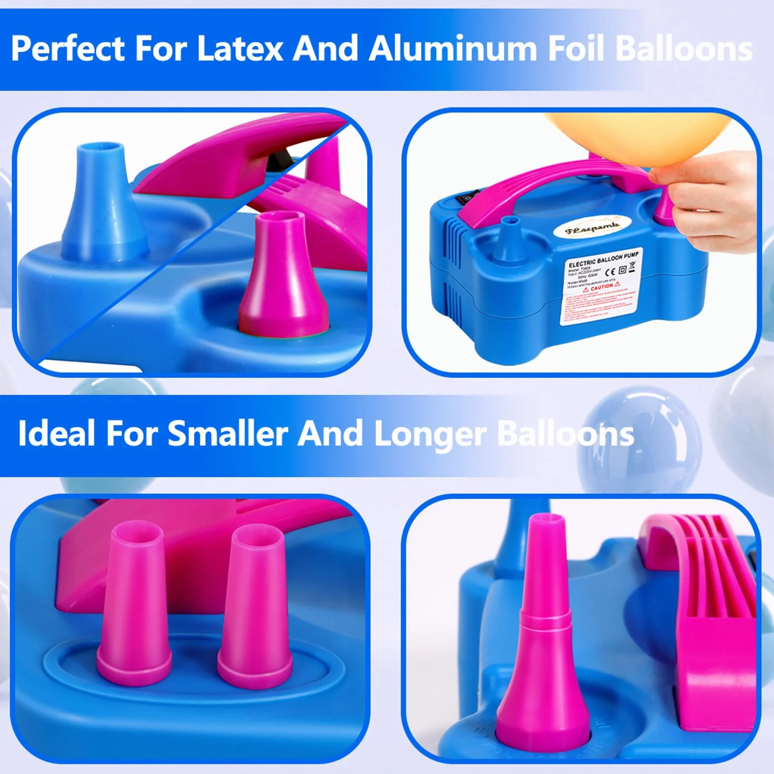 Pompe à Ballons électrique 600W, Gonfleur Ballon Portable avec Plusieurs Buses, 2 Modes