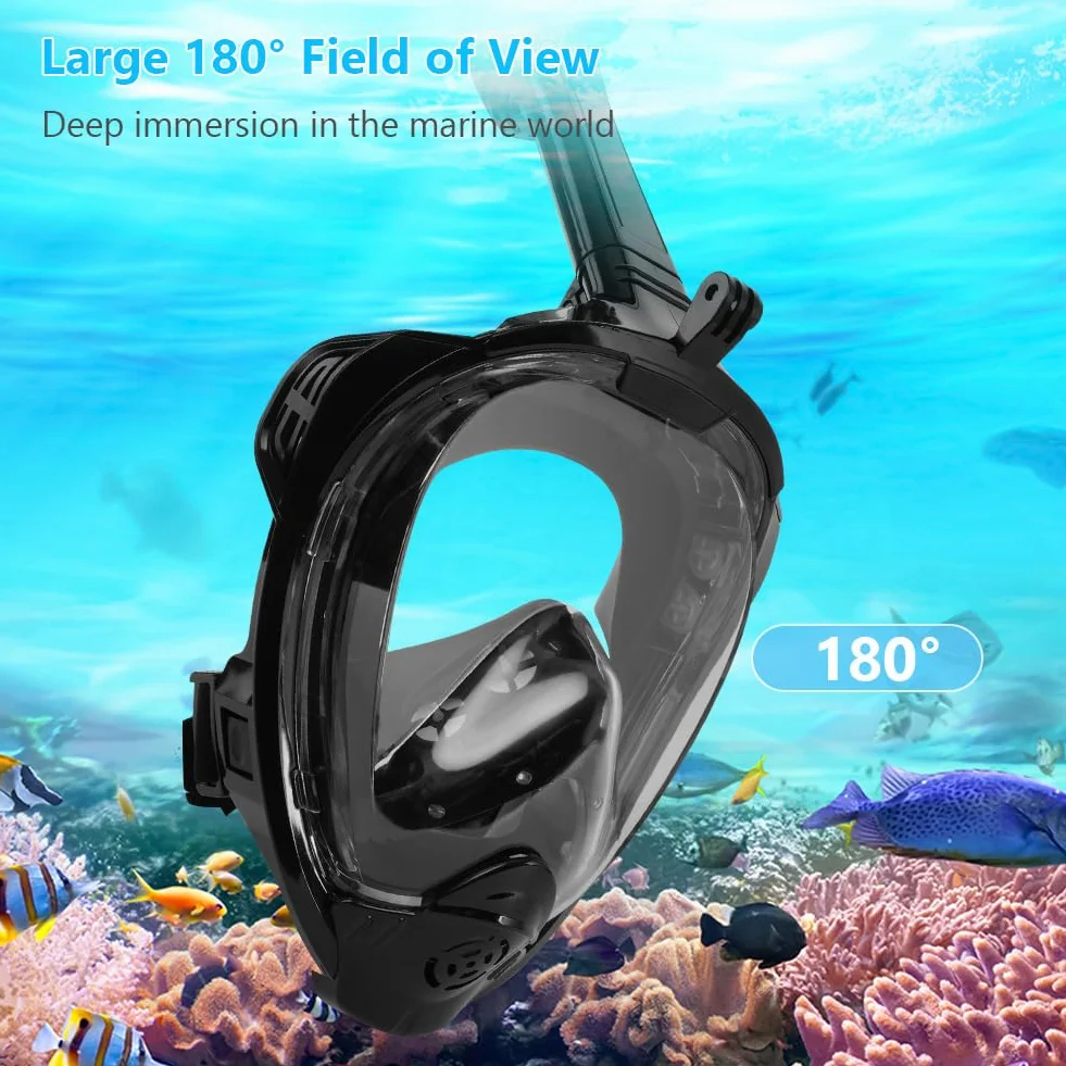 Masque de Plongée Intégral Adulte Vue Panoramique 180° Anti-buée Anti-Fuite Tuba Pliable Support Caméra