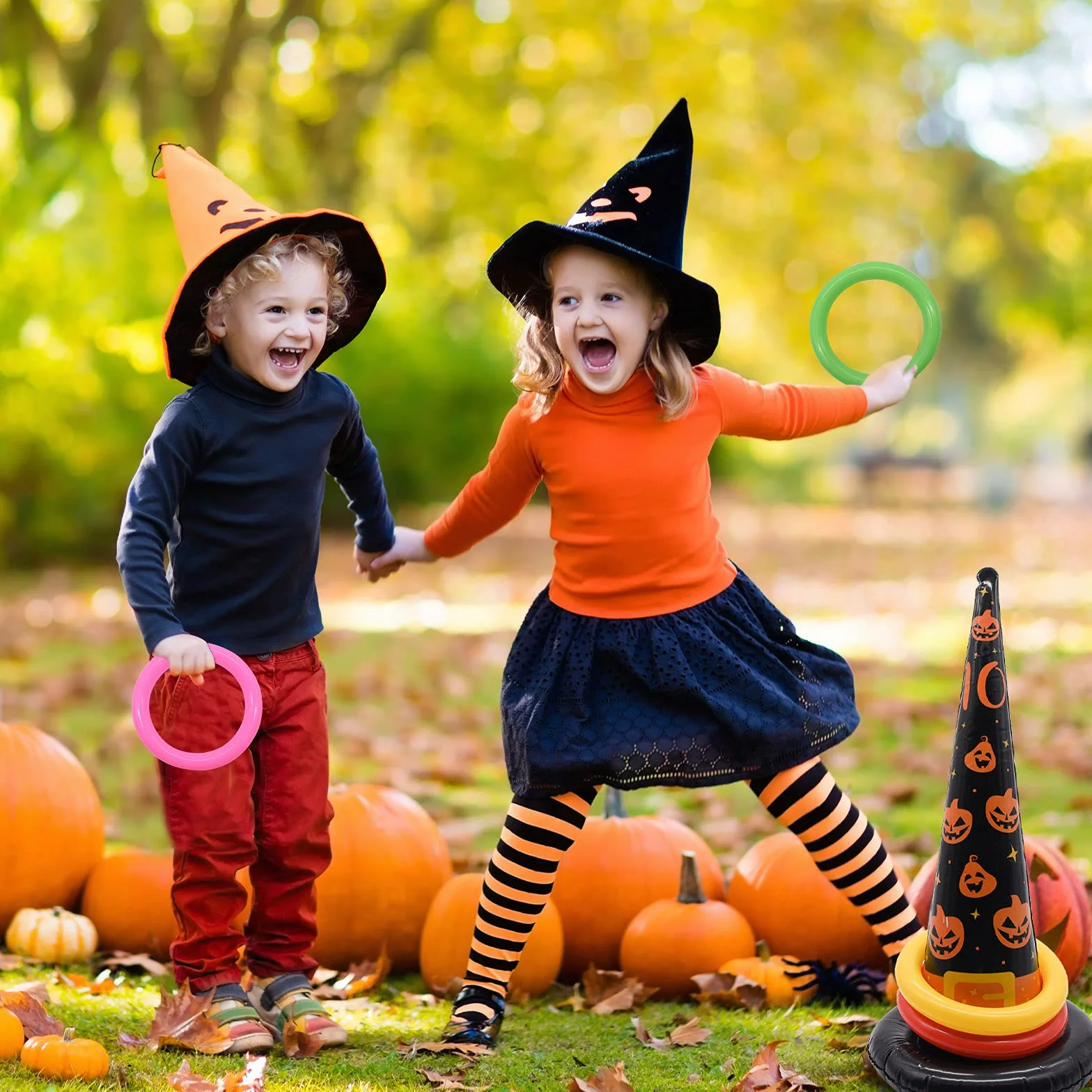 TRIXES Halloween Jeu de Lancer d'Anneaux Gonflables avec Araignée et Chapeau de Sorcière - Pompe à Air Incluse