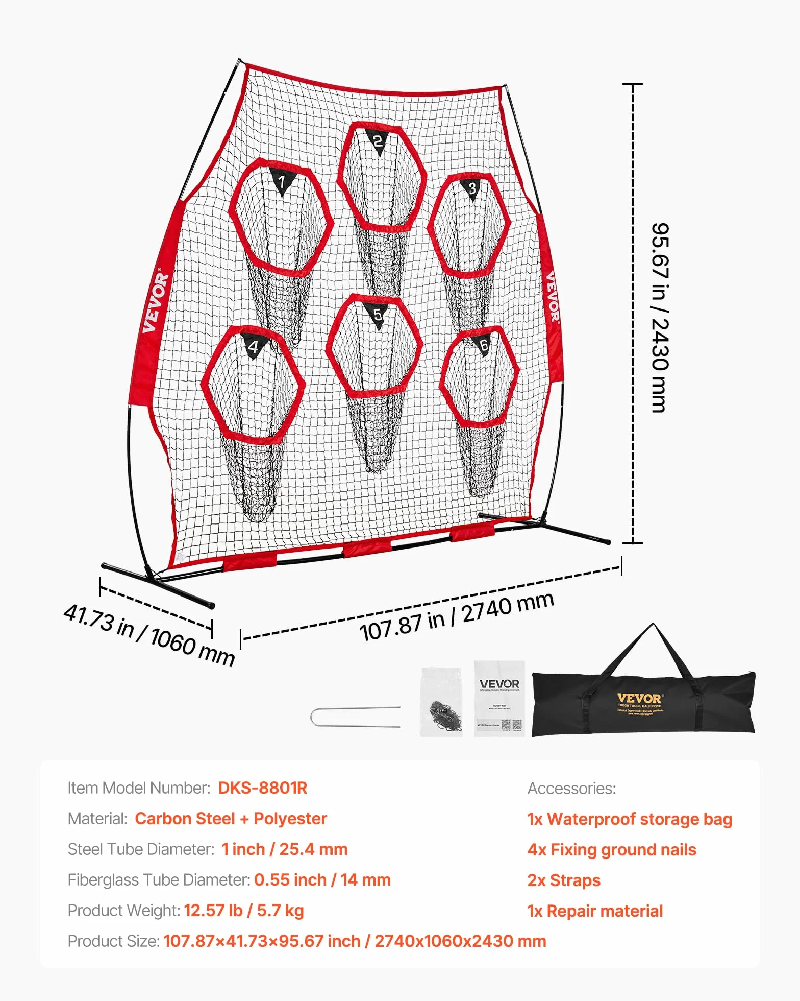VEVOR Filet d'entraînement football 274 x 243 cm, filet lancer rugby 6 poches cibles, sans nœuds, rouge