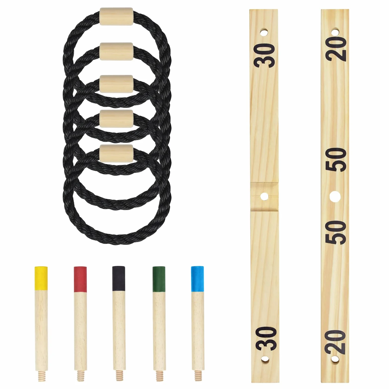 Jeu de lancer d'anneaux en bois avec 5 anneaux en nylon et 5 barres colorées