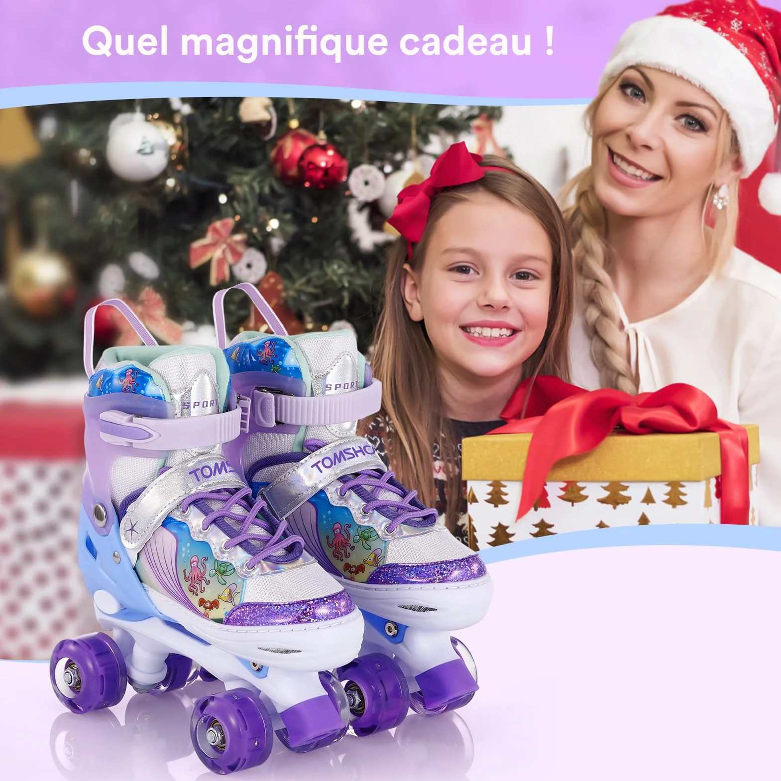 TOMSHOO Roller Enfant Fille avec LED Lumineuse Roues 4 Taille Réglable Rollers Quad Débutants