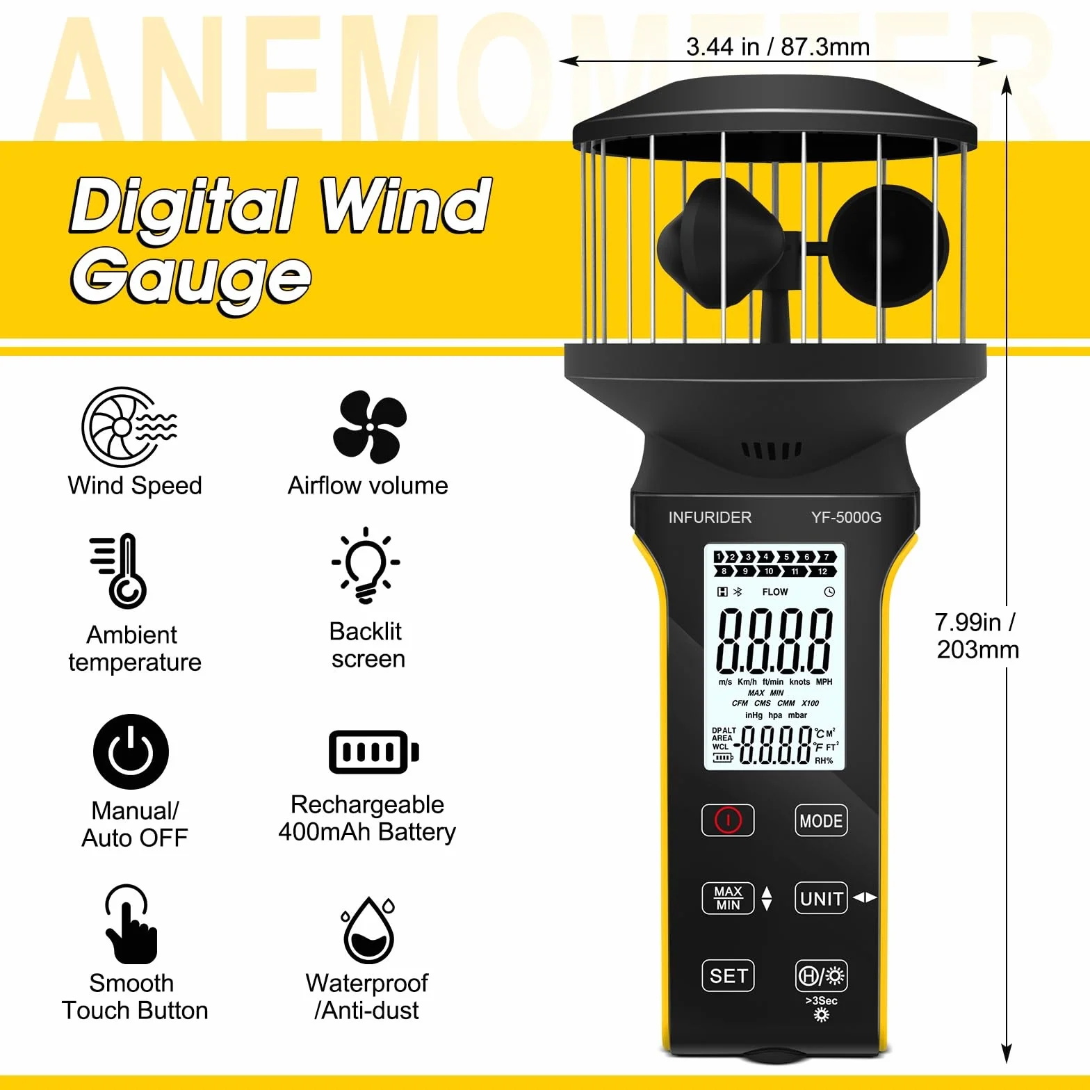 Anémomètre numérique à coupelle portable CFM avec bouton tactile anti-poussière rechargeable