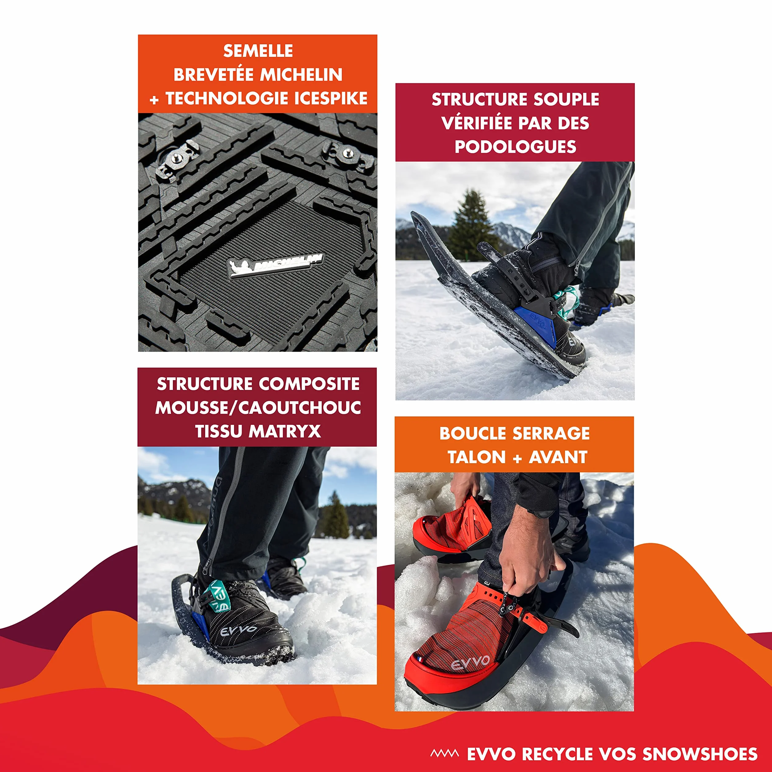EVVO Raquette à Neige Originale Made in France Semelles Cloutées Michelin® Fixations Réglables Tout Terrain Randonnée