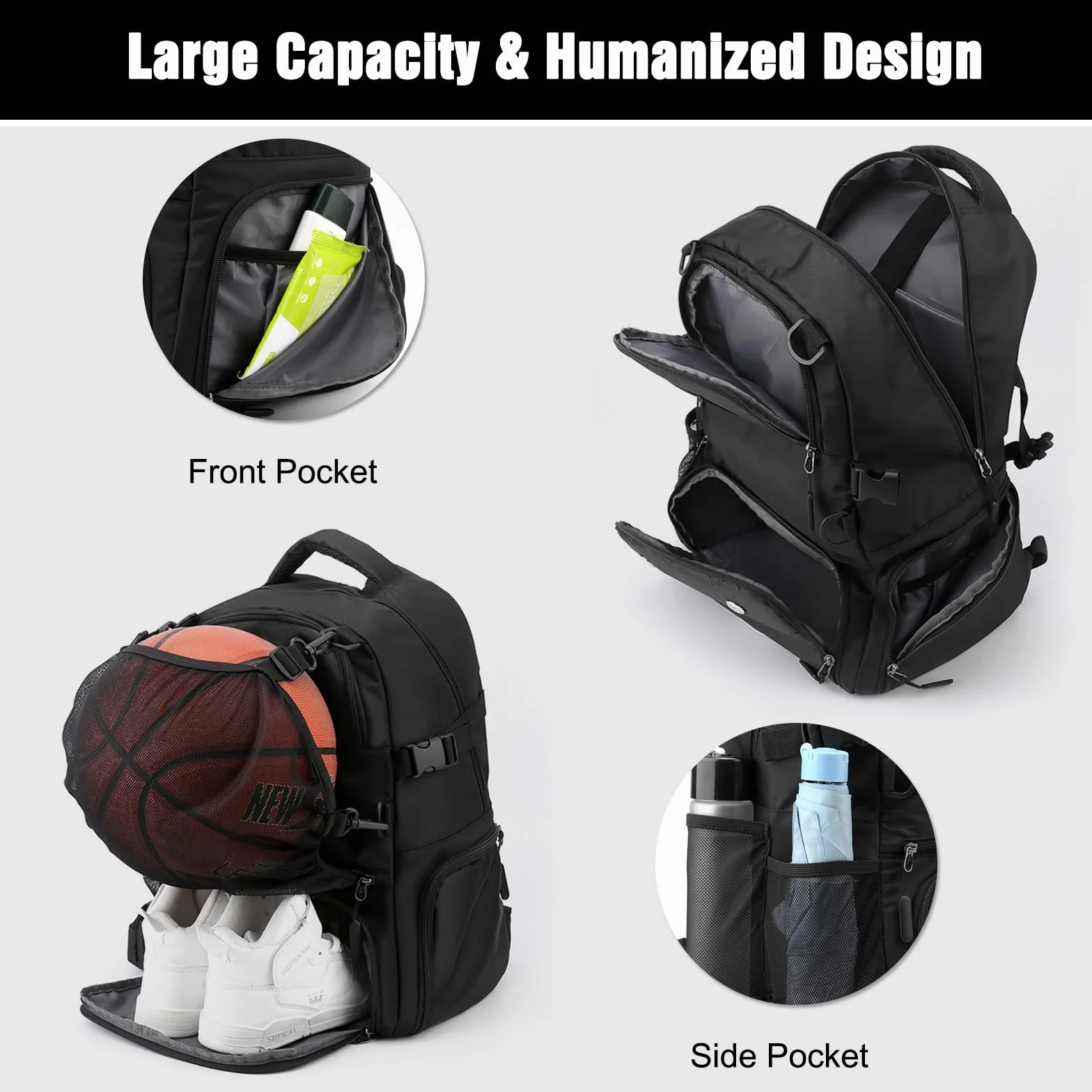 Sac à dos de basket-ball FANDARE grand sac de sport poche balles séparée compartiment chaussures 15,6 pouces ordinateur portable