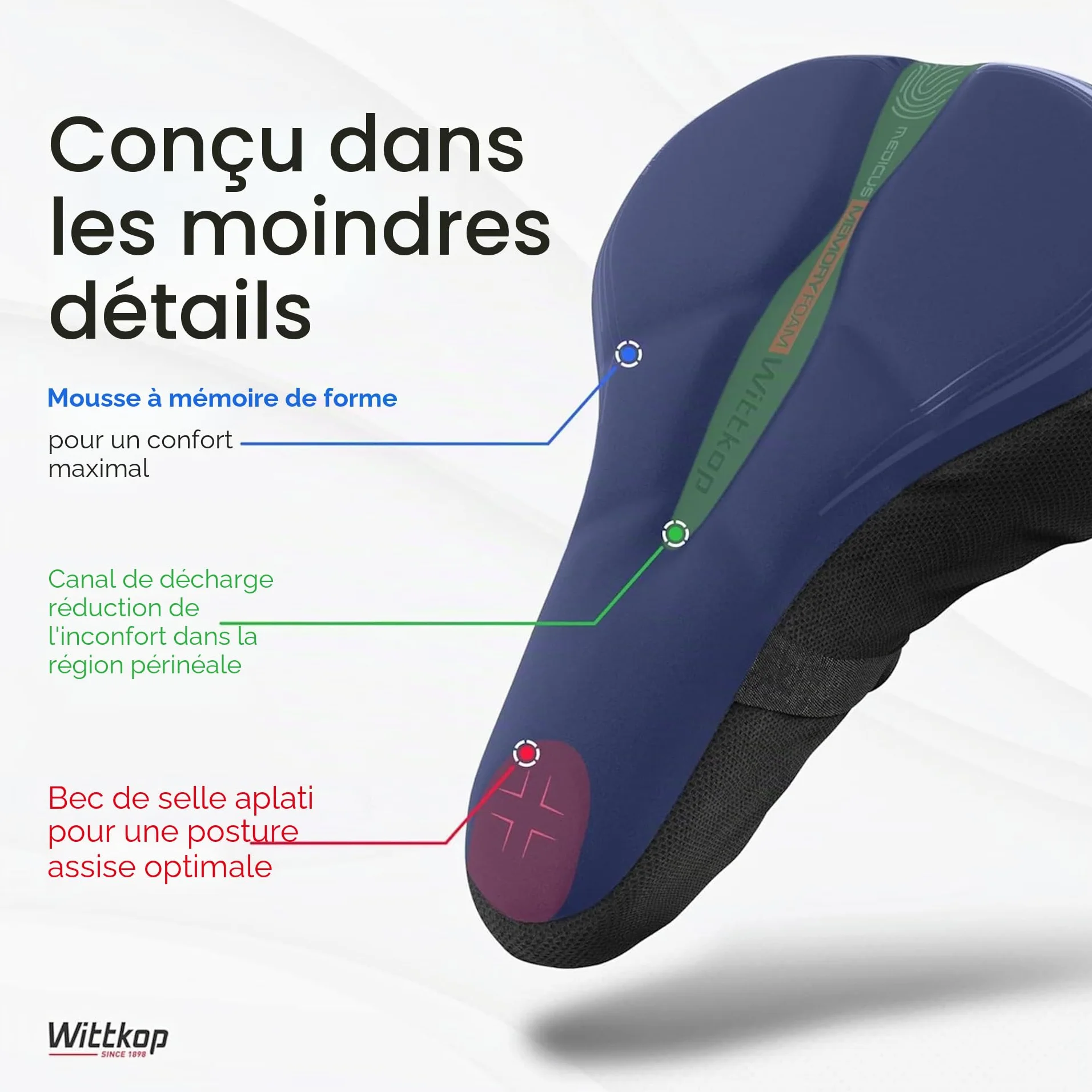 WITTKOP Coussin de Selle de Vélo en Mousse à Mémoire de Forme Ergonomique à 3 Zones