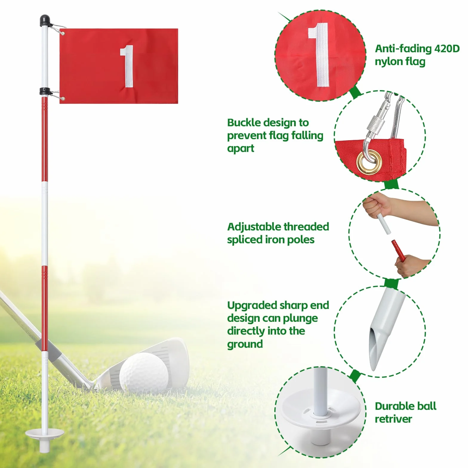 Mât de Drapeau de Golf 188 cm Nylon avec 5 Pièces Amovibles pour Jardin et Putting