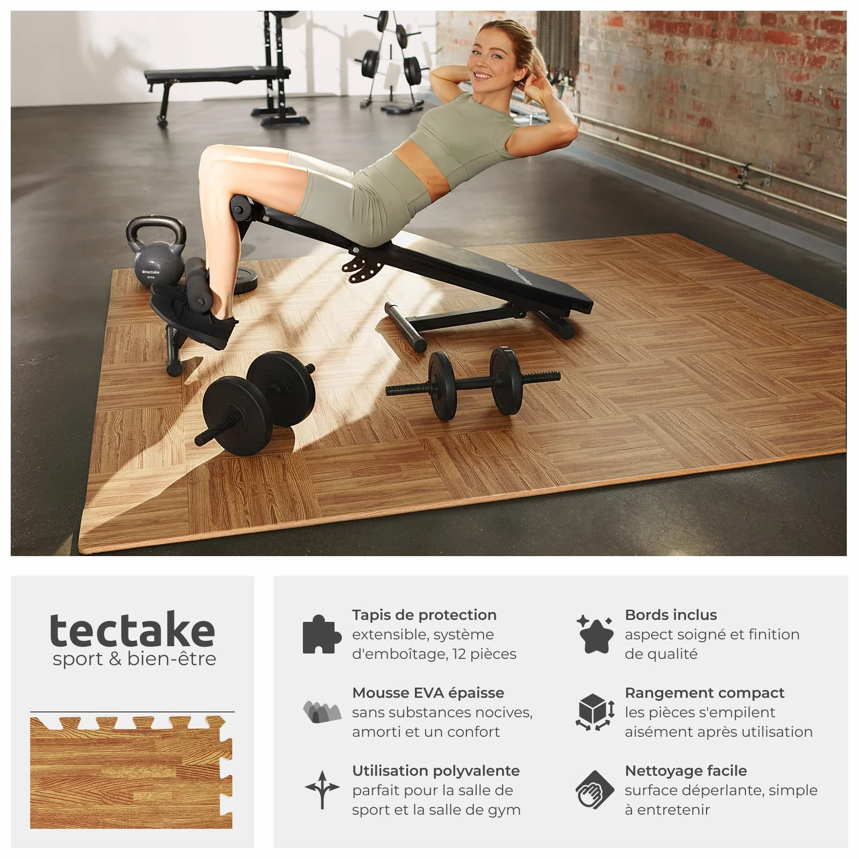 Tapis de sport 12 dalles mousse EVA 61x61x1 cm Isolant thermique acoustique Gym Fitness Yoga Sol salle de sport Effet bois