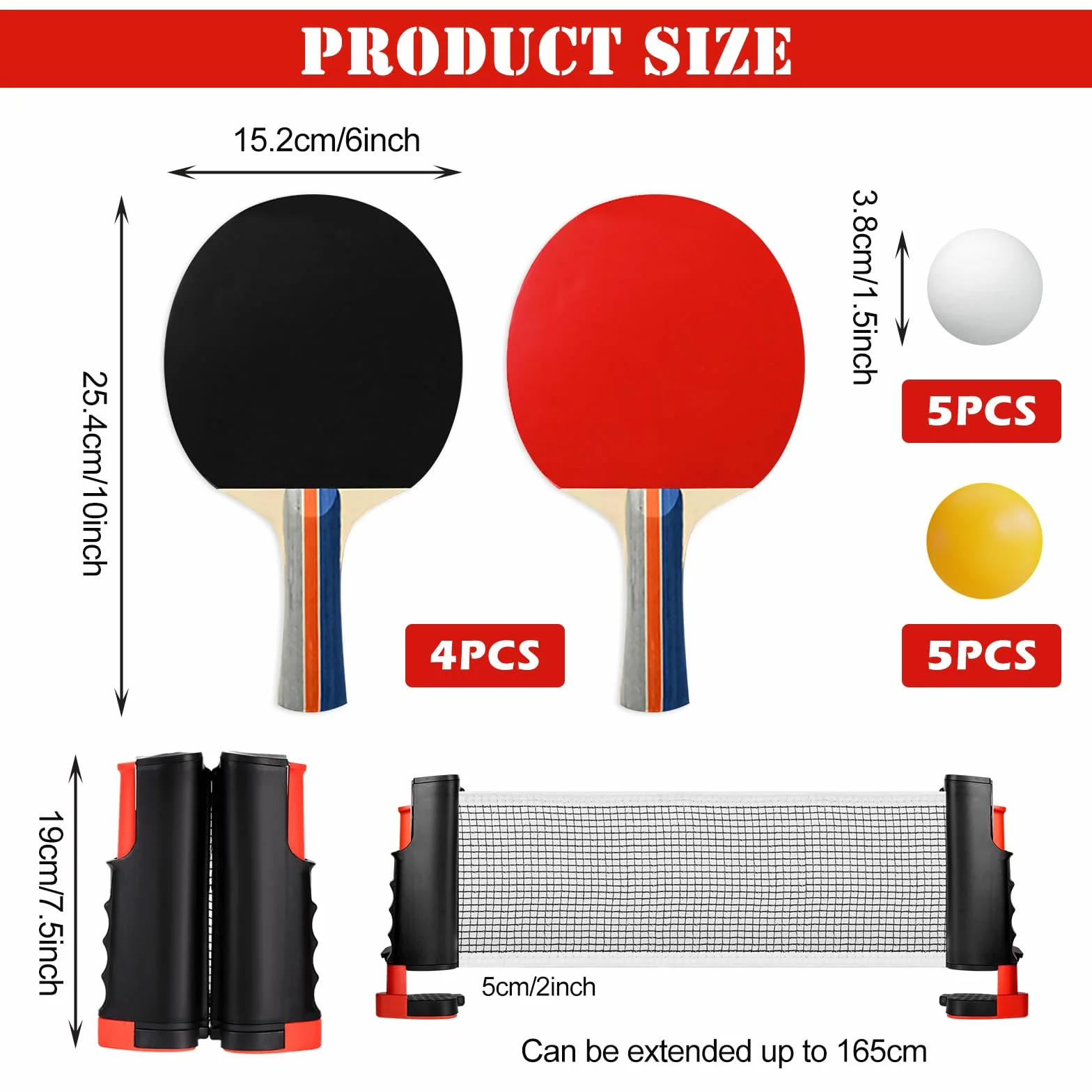 Set de Tennis de Table 4 Raquettes + 1 Filet Rétractable + 10 Balles + Sac de Transport Ping-Pong