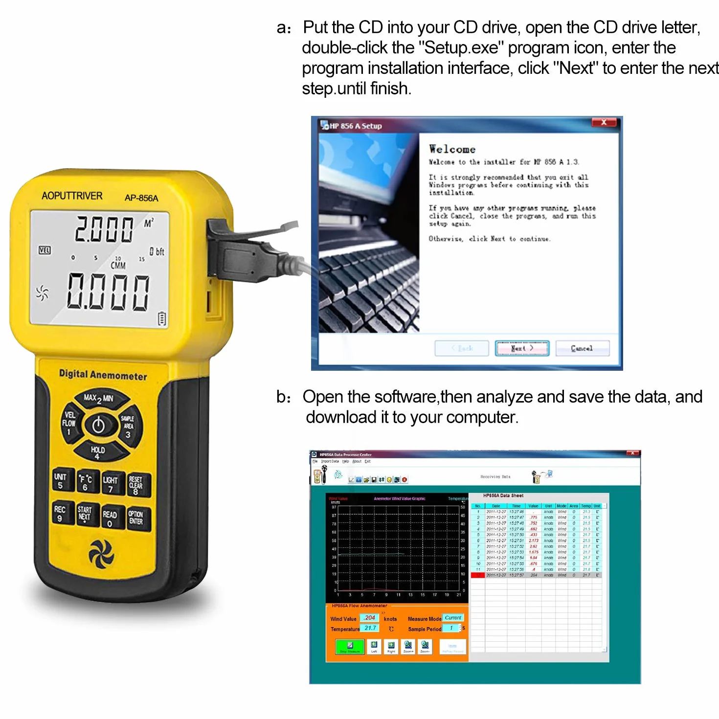 Anémomètre Numérique AP-826A avec Rétroéclairage LCD Mesure Vitesse Air Débit Température