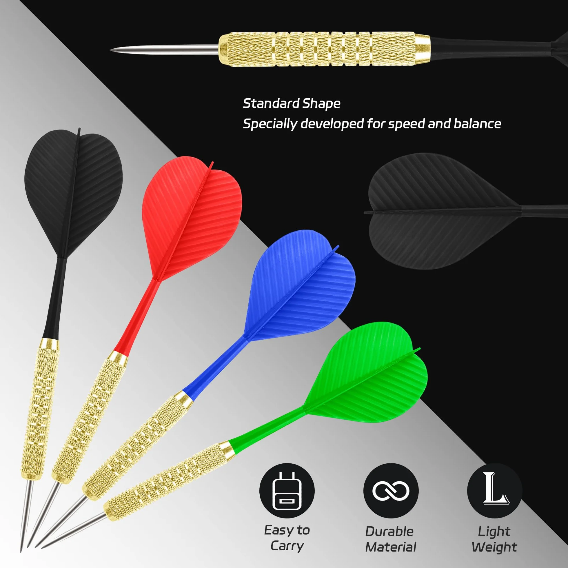 Fléchettes Pointe Acier 12 pcs, Jeu de Fléchettes Métal avec 4 Couleurs d'Ailettes