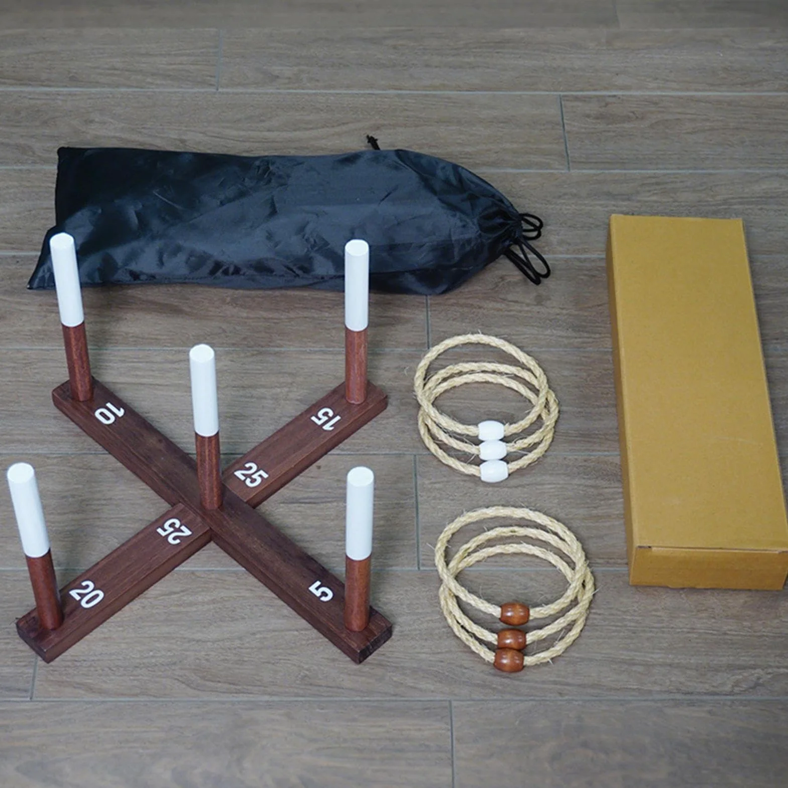 Jeu de Lancer d'anneaux en Bois avec Corde, 40,6 cm, Jeu de Jardin Quoits Portable avec Sac de Rangement