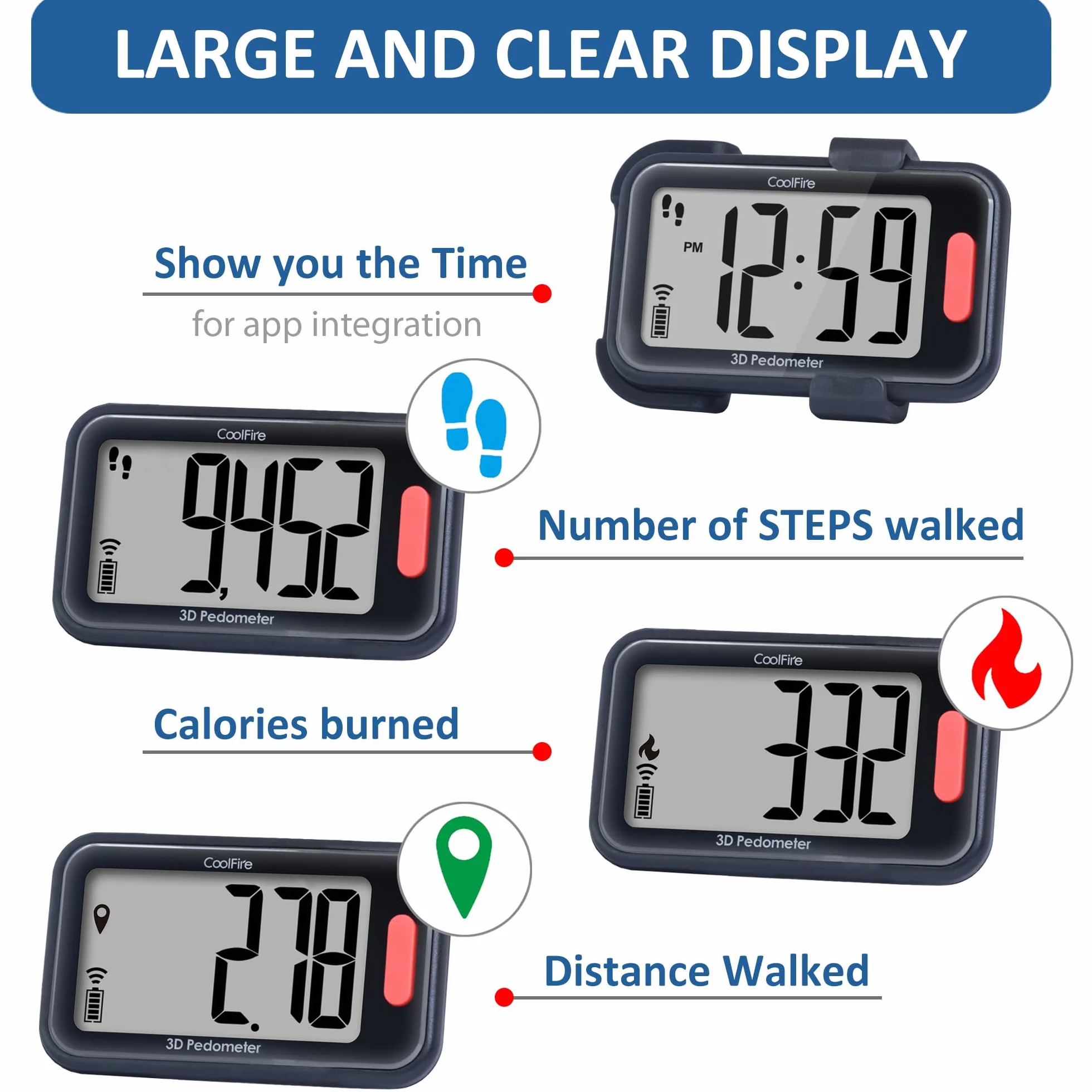 CoolFire Podomètre 3D à clipser pour la marche, kilomètres et calories